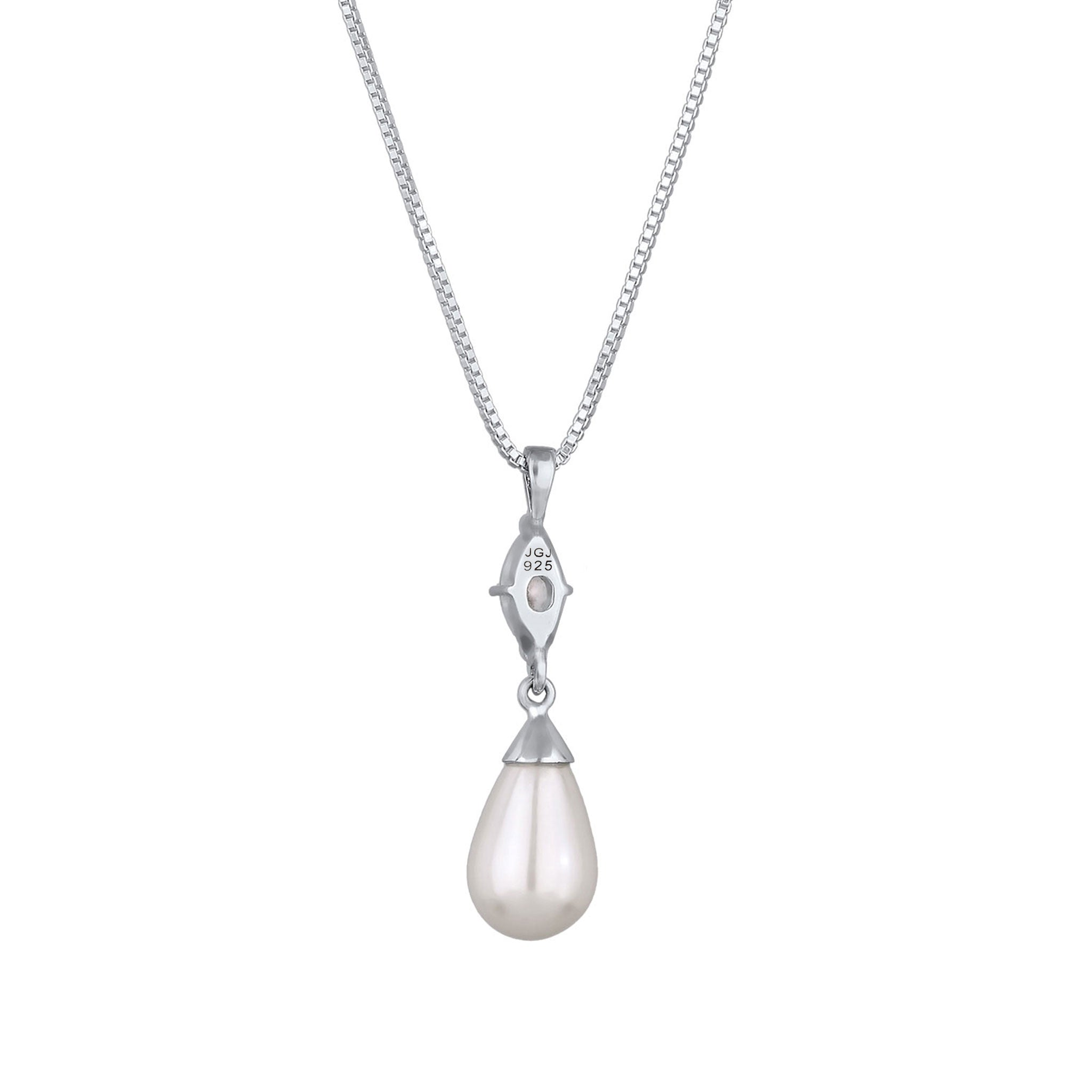 Silber - Elli | Tropfen-Halskette | Muschelkernperle & Zirkonia (Weiß) | 925 Sterling Silber
