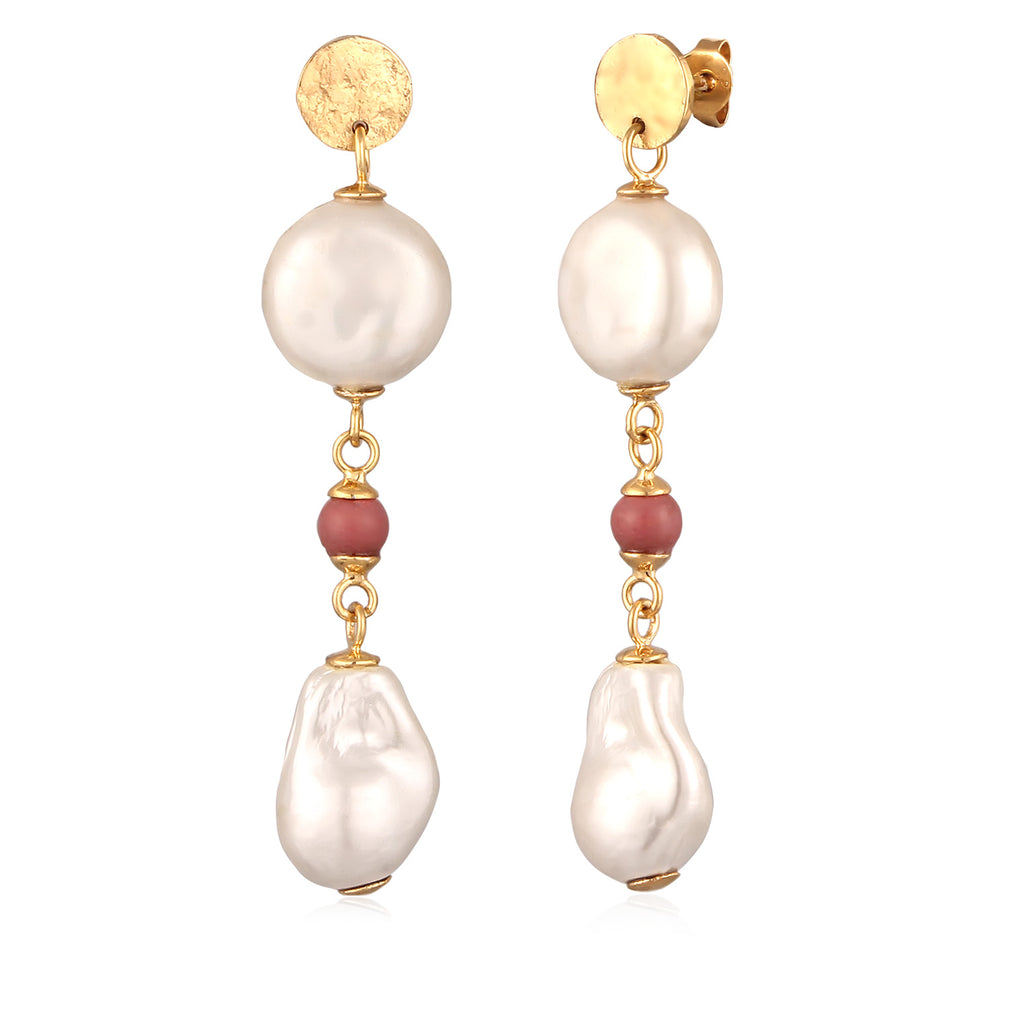 Gold - Elli PREMIUM | Ohrstecker Barock | Perlen & Rhodonit (Rosa) | 925 Sterling Silber vergoldet