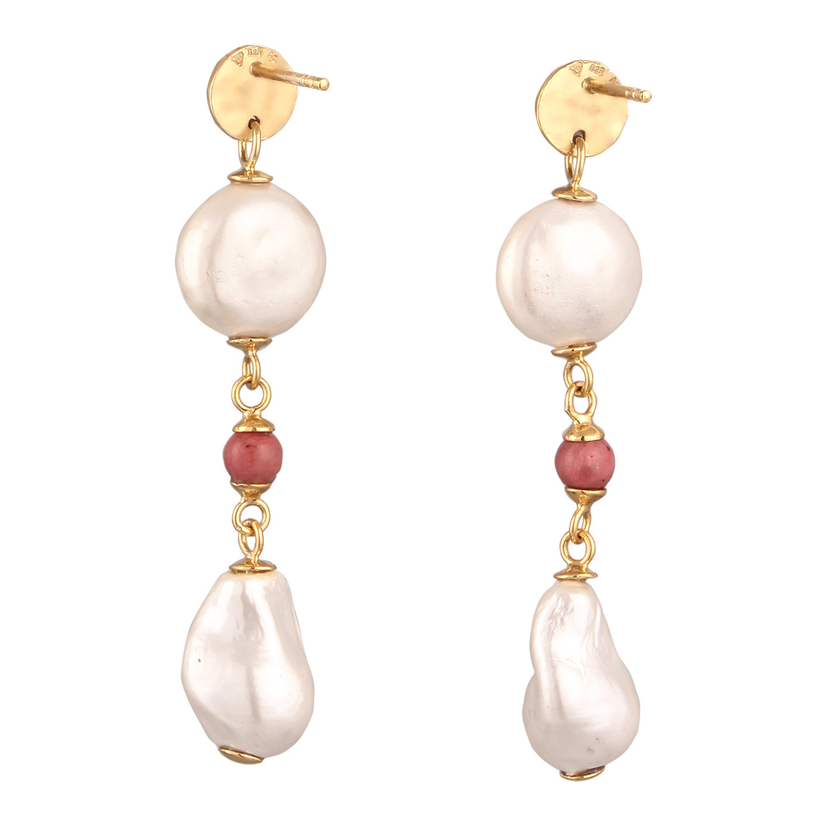 Gold - Elli PREMIUM | Ohrstecker Barock | Perlen & Rhodonit (Rosa) | 925 Sterling Silber vergoldet