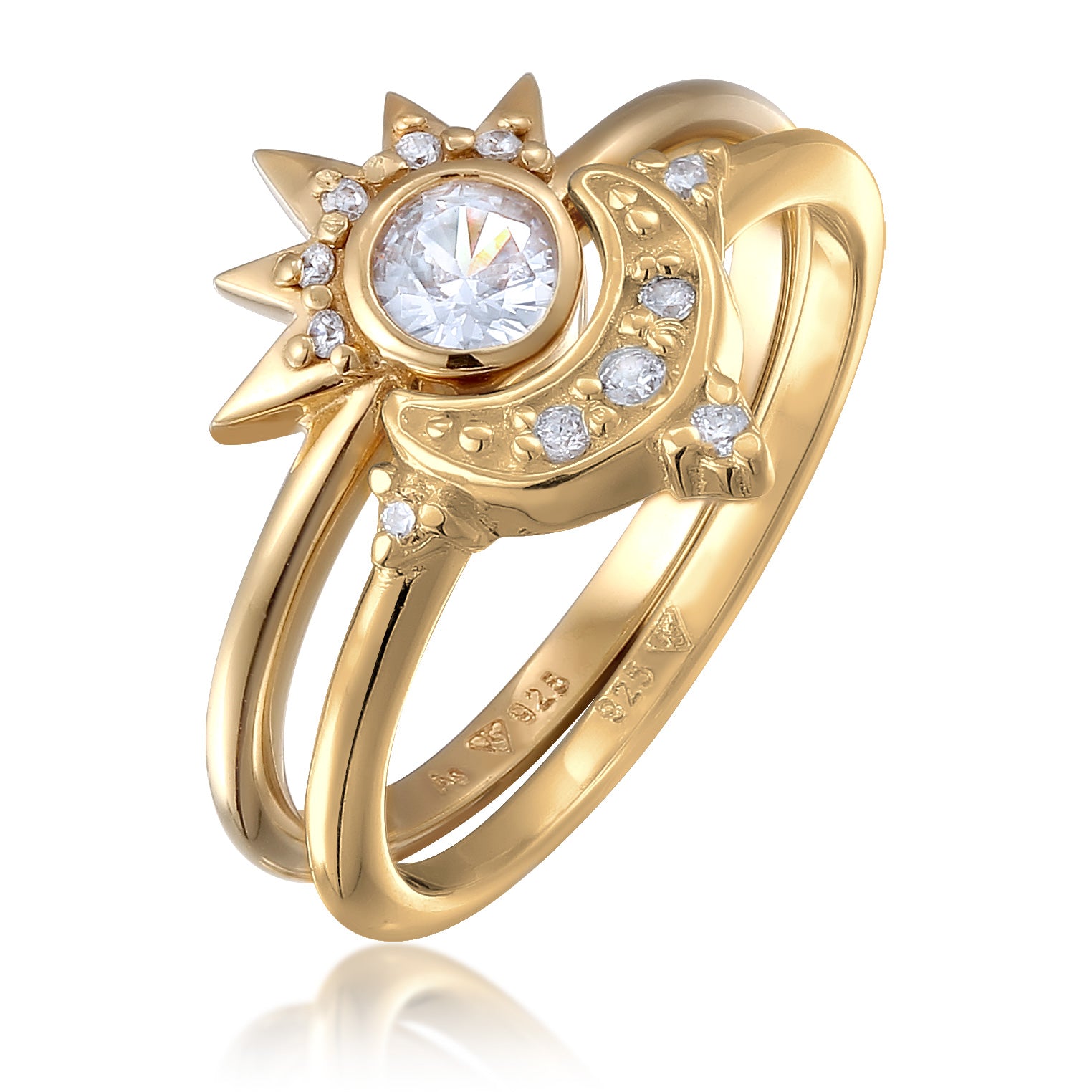 Gold - Elli | Ringset Mond Stern | Zirkonia (Weiß) | 925 Sterling Silber vergoldet