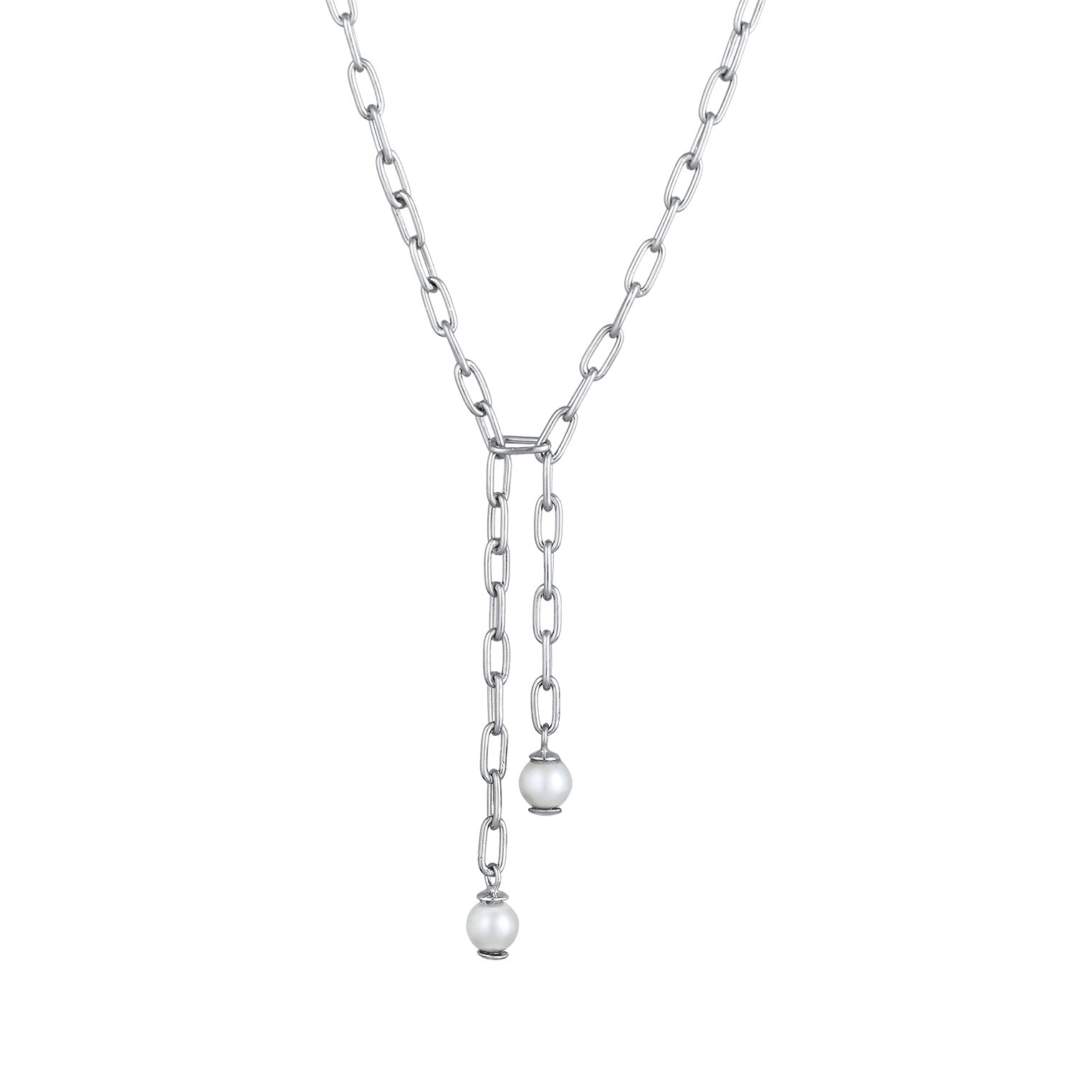 Silber - Elli PREMIUM | Y-Halskette | Synthetische Perlen (Weiß) | 925 Sterling Silber