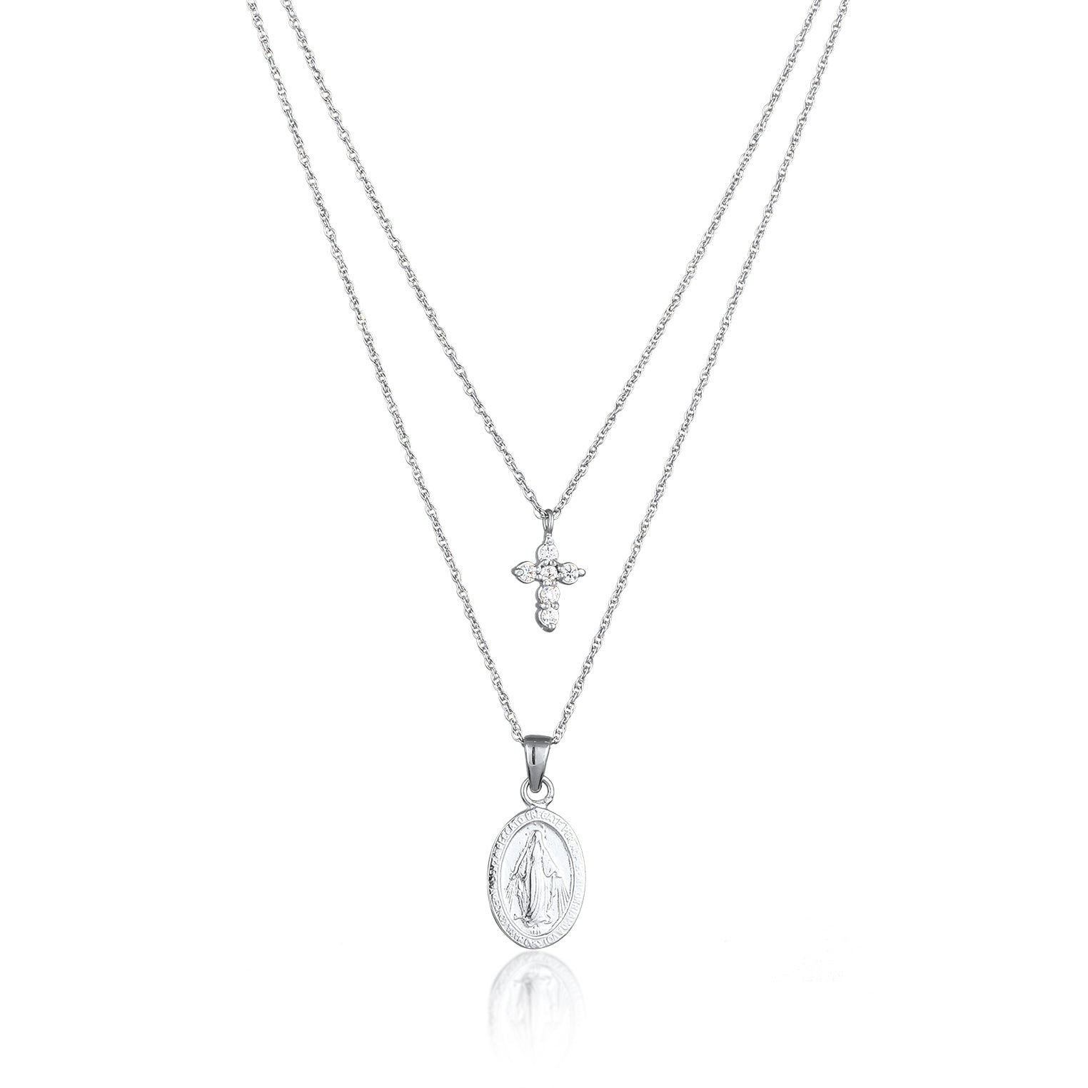 Silber - Elli | Layer Halskette Kreuz | Zirkonia (Weiß) | 925 Sterling Silber