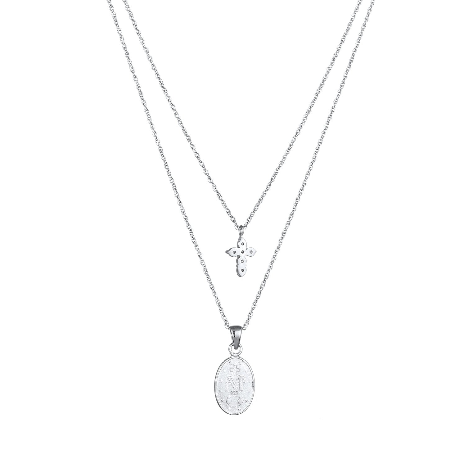 Silber - Elli | Layer Halskette Kreuz | Zirkonia (Weiß) | 925 Sterling Silber