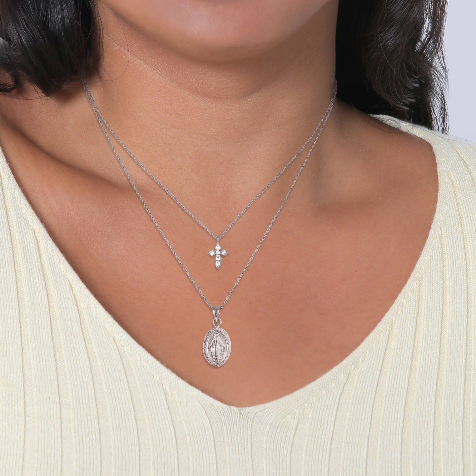 Silber - Elli | Layer Halskette Kreuz | Zirkonia (Weiß) | 925 Sterling Silber