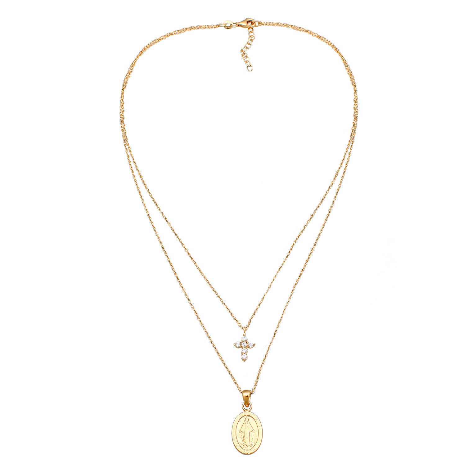 Gold - Elli | Layer-Halskette | Kreuz Zirkonia (Weiß) | 925 Sterling Silber vergoldet