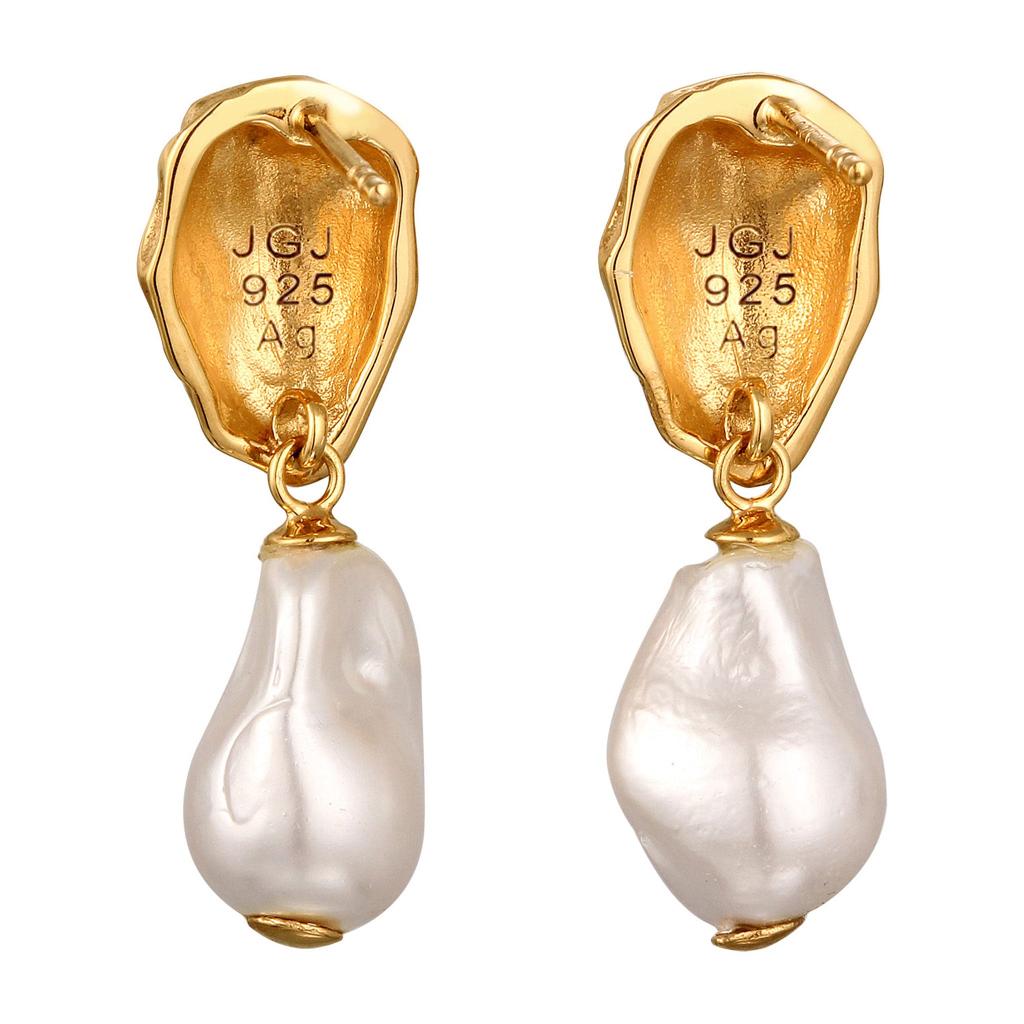 Gold - Elli | Ohrstecker Barock | Muschelperlen (Weiß) | 925 Sterling Silber vergoldet