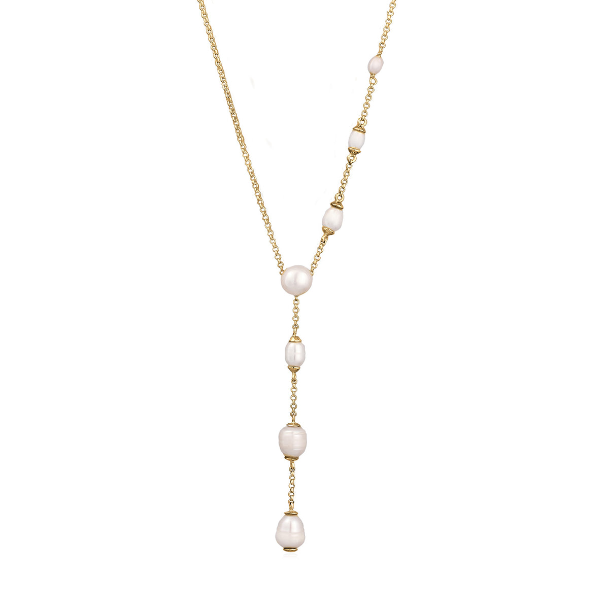 Gold - Elli | Y-Halskette | Süßwasserzuchtperlen (Weiß) | 925 Sterling Silber vergoldet