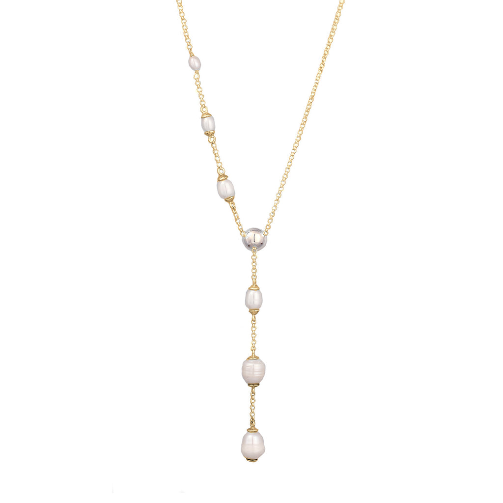 Gold - Elli | Y-Halskette | Süßwasserzuchtperlen (Weiß) | 925 Sterling Silber vergoldet