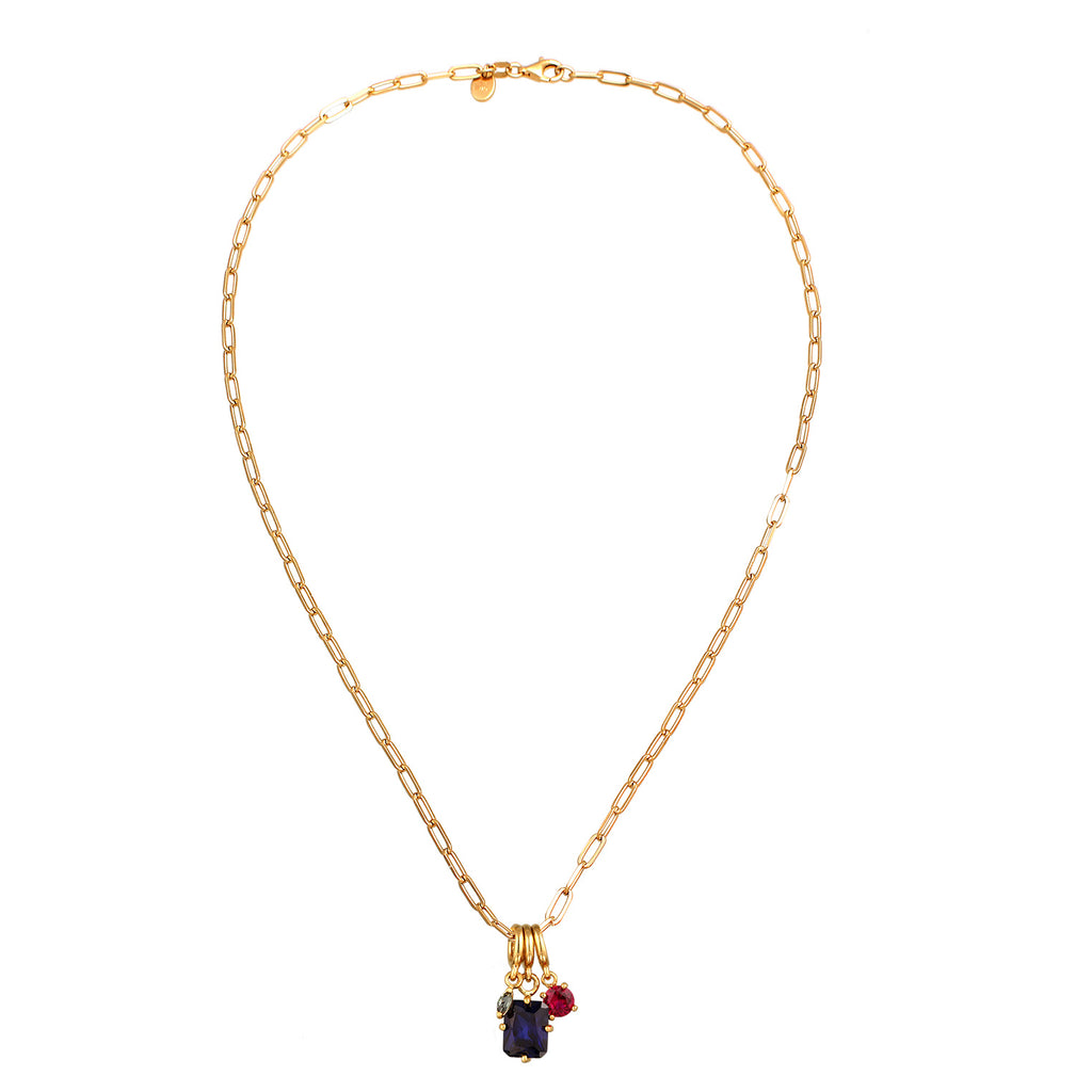 Gold - Elli PREMIUM | Glieder-Halskette Edelstein Anhänger | Saphir (Blau) & Turmalin (Grün) & Rubin (Rot) | 925 Sterling Silber Vergoldet