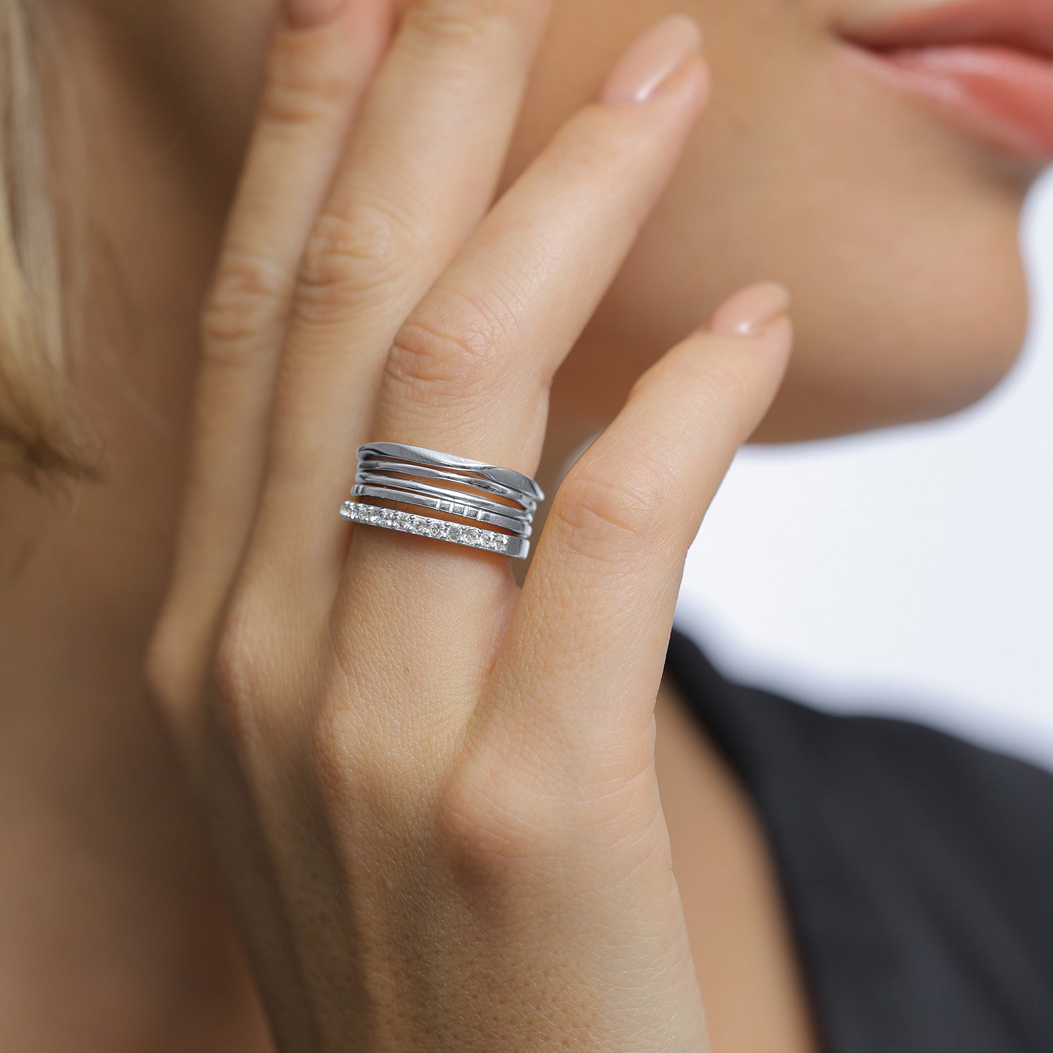 Silber - Elli | Ringset Basic | Glas Kristalle (Weiß) | 925 Sterling Silber