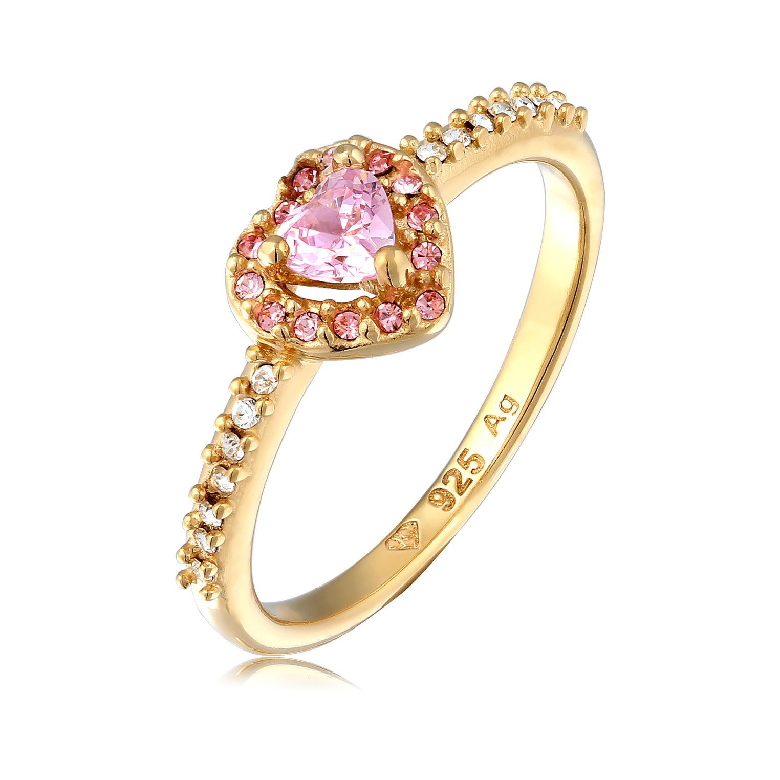 Gold - Elli | Ring mit Herz | Zirkonia (Pink) & Glaskristalle (Weiß) | 925 Sterling Silber