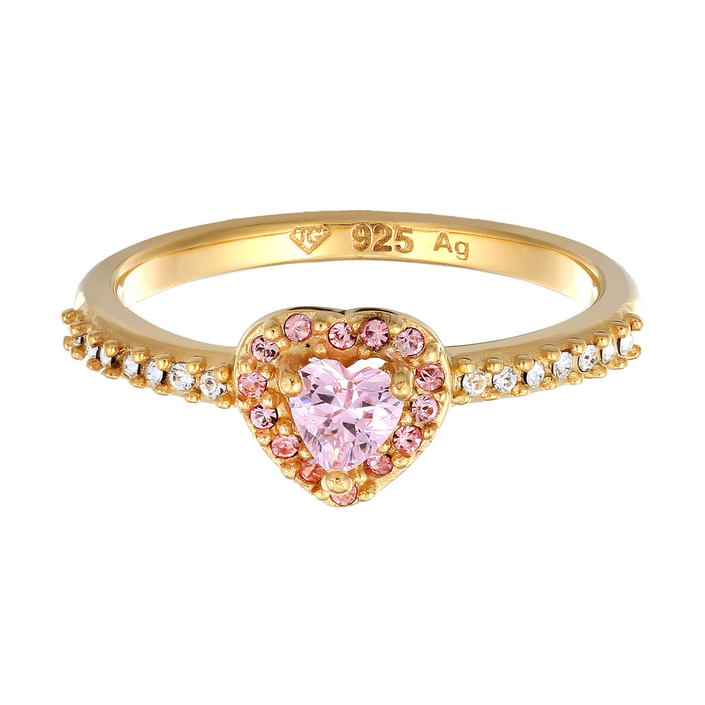 Gold - Elli | Ring mit Herz | Zirkonia (Pink) & Glaskristalle (Weiß) | 925 Sterling Silber