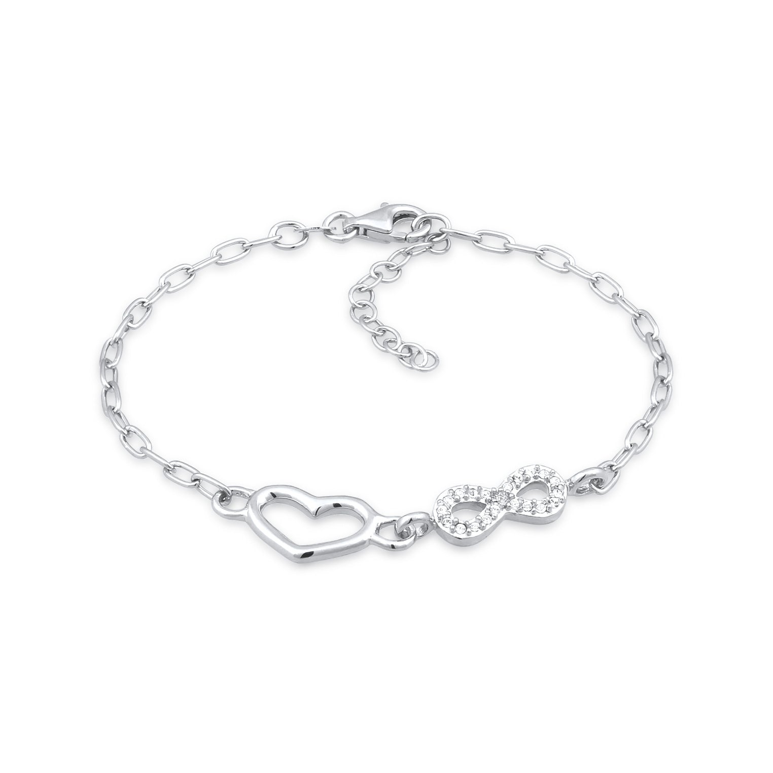 Silber - Elli | Glieder-Armband Herz Infinity | Glas Kristalle (Weiß) | 925 Sterling Silber