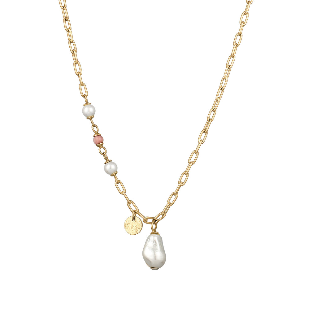 Gold - Elli PREMIUM | Glieder-Halskette mit Perlen | Muschelkernperlen & Rhodonit (Rosa) | 925 Sterling Silber vergoldet