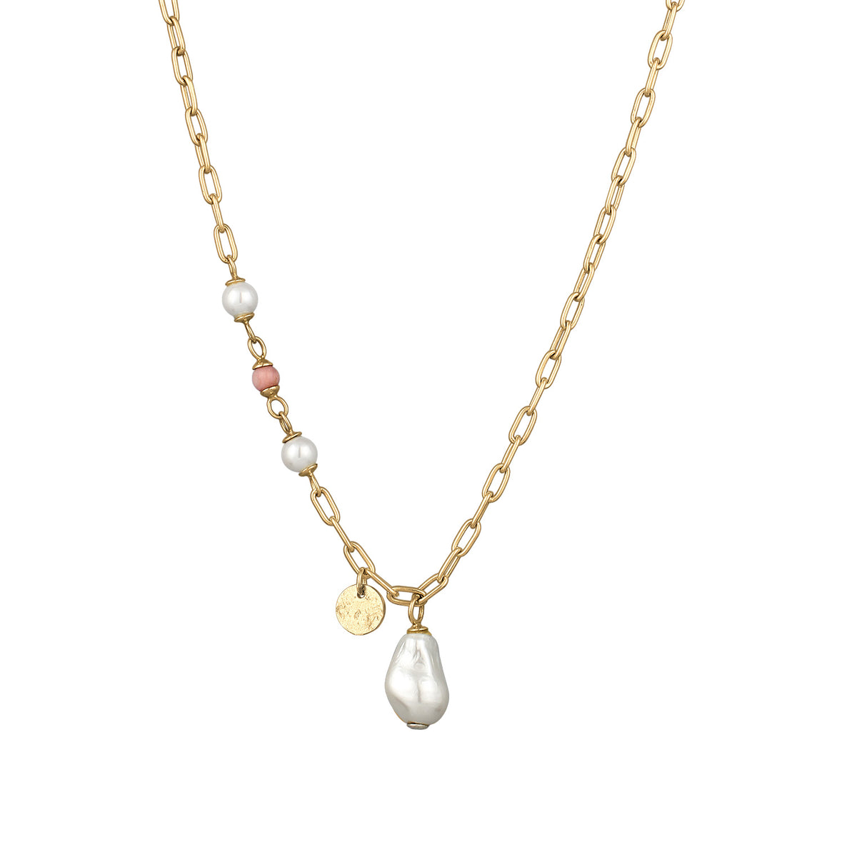 Gold - Elli PREMIUM | Glieder-Halskette mit Perlen | Muschelkernperlen & Rhodonit (Rosa) | 925 Sterling Silber vergoldet