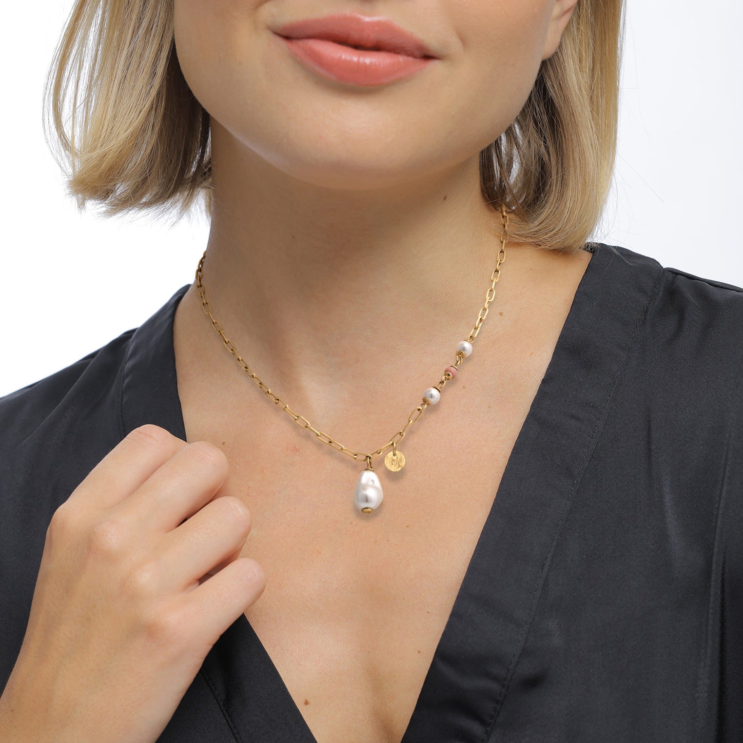 Gold - Elli PREMIUM | Glieder-Halskette mit Perlen | Muschelkernperlen & Rhodonit (Rosa) | 925 Sterling Silber vergoldet