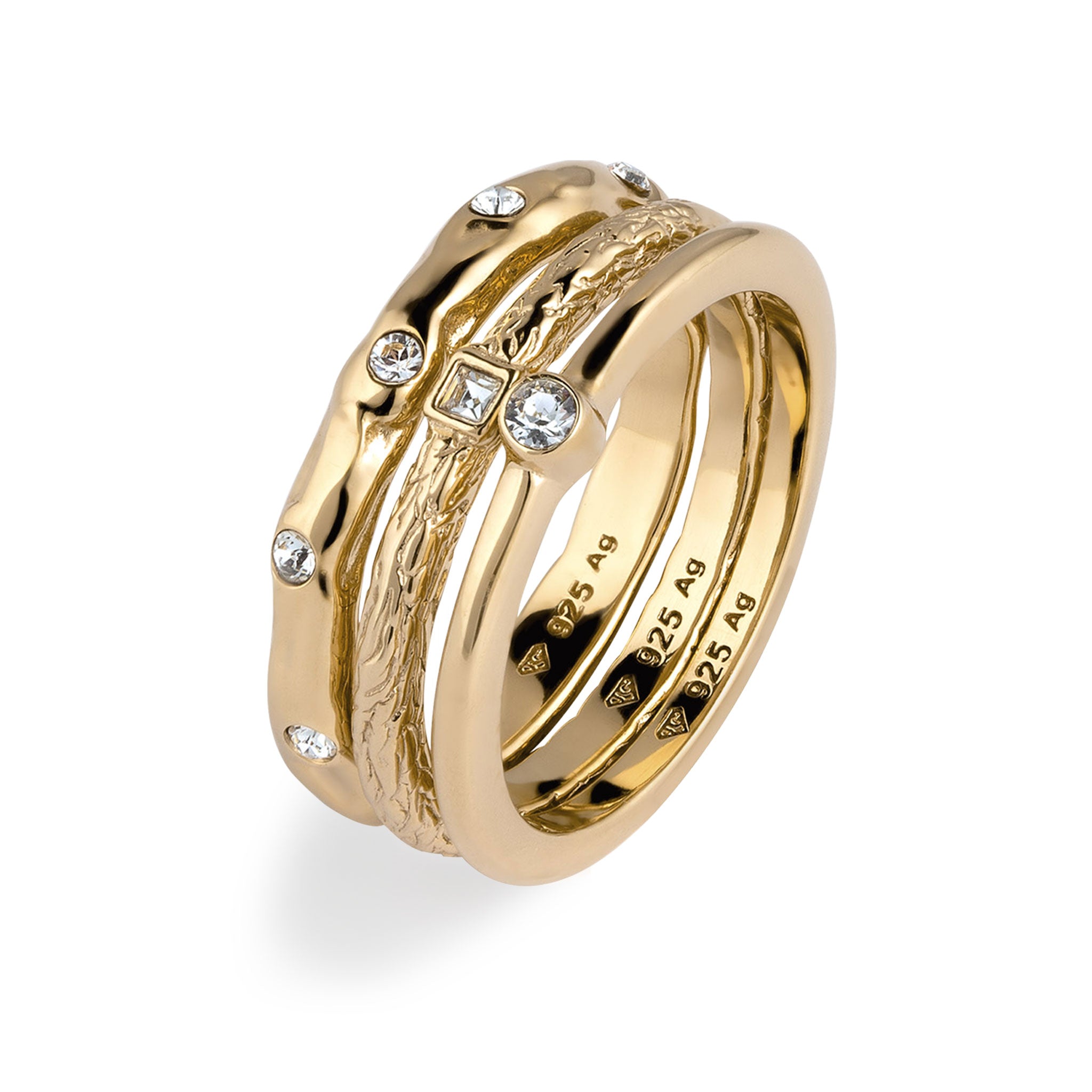 Gold - Elli | Ringset | Glas Kristalle (Weiß)  | 925 Sterling Silber vergoldet