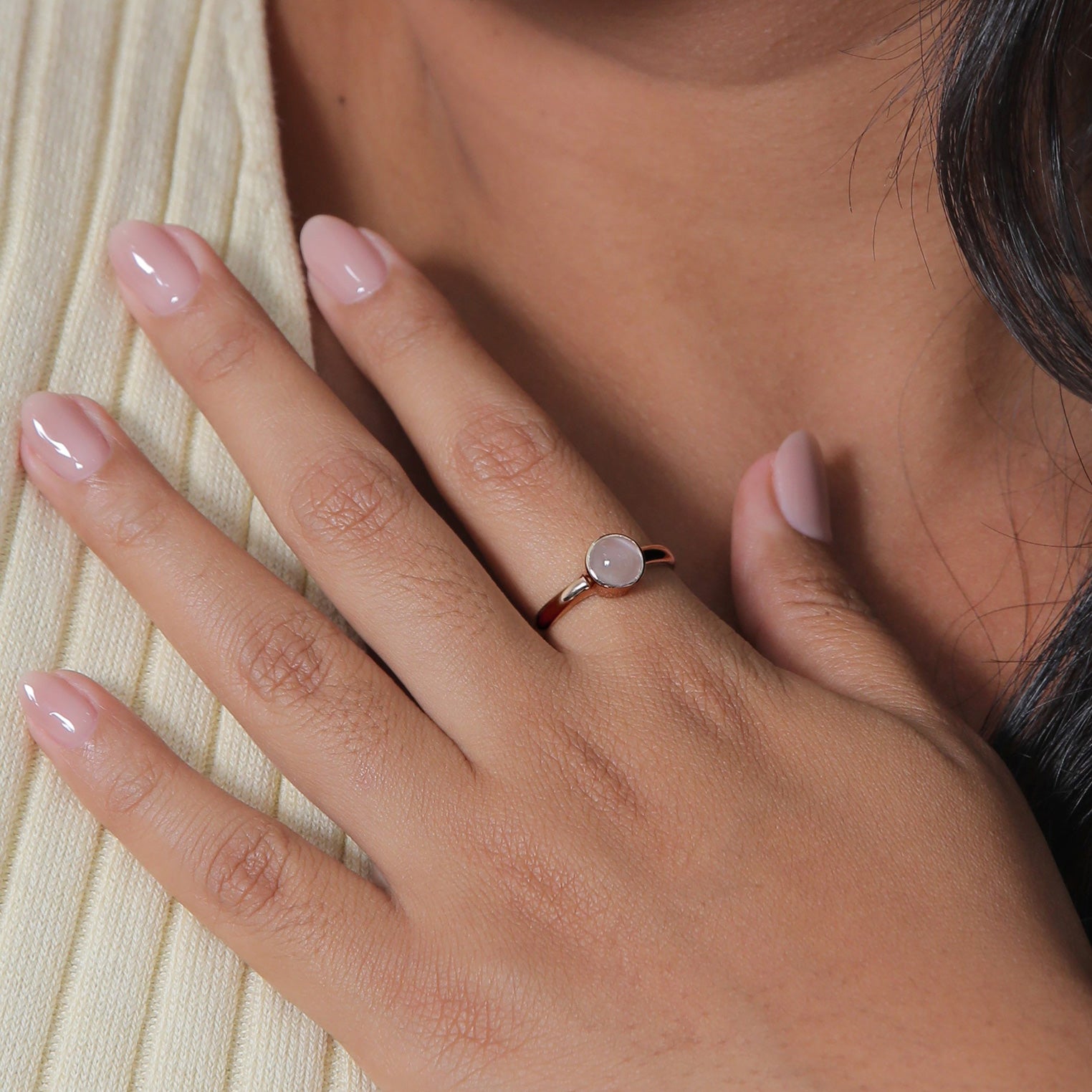 Roségold - Elli | Solitär-Ring Rund | Mondstein (Weiß) | 925 Sterling Silber Rosegold