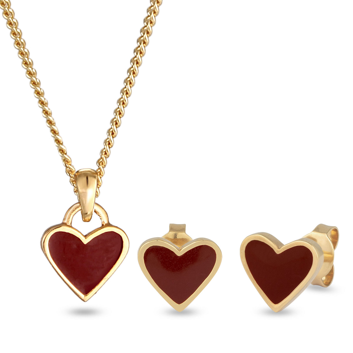 Enamel Heart Stud Earrings &amp; Necklace Jewelry Set