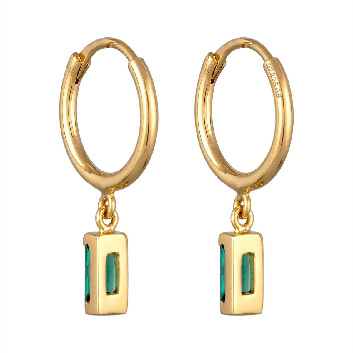Gold - Elli PREMIUM | Creolen Anhänger Rechteck | Synthetischer Smaragd (Grün) | 925 Sterling Silber vergoldet
