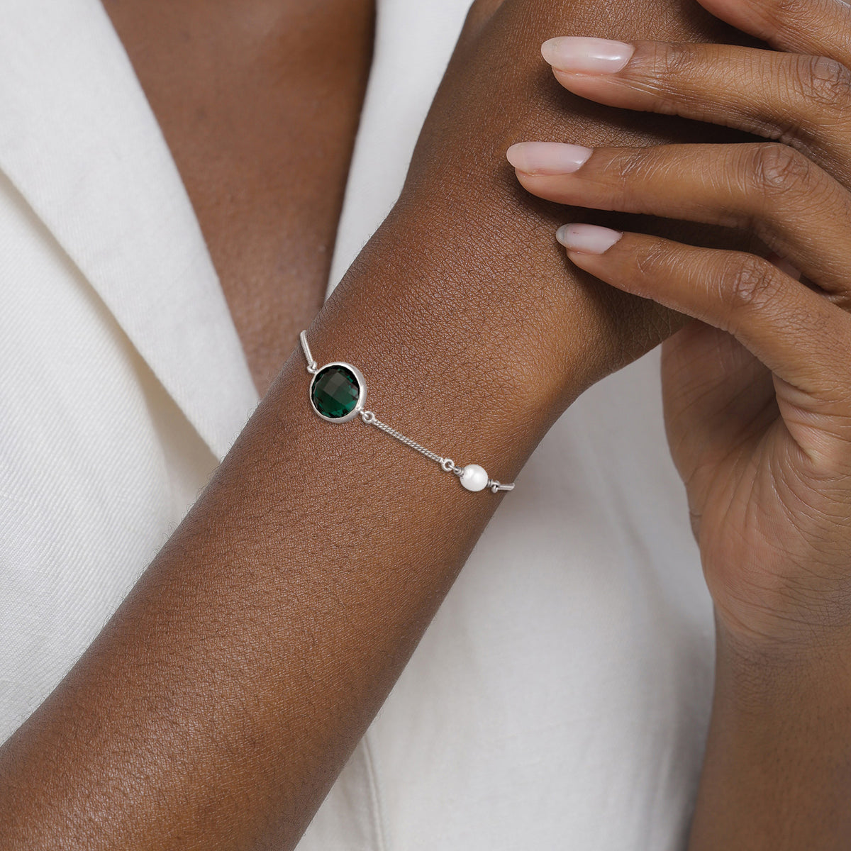Silber - Elli PREMIUM | Armband | Quarz (Grün) & Süßwasserperle | 925 Sterling Silber