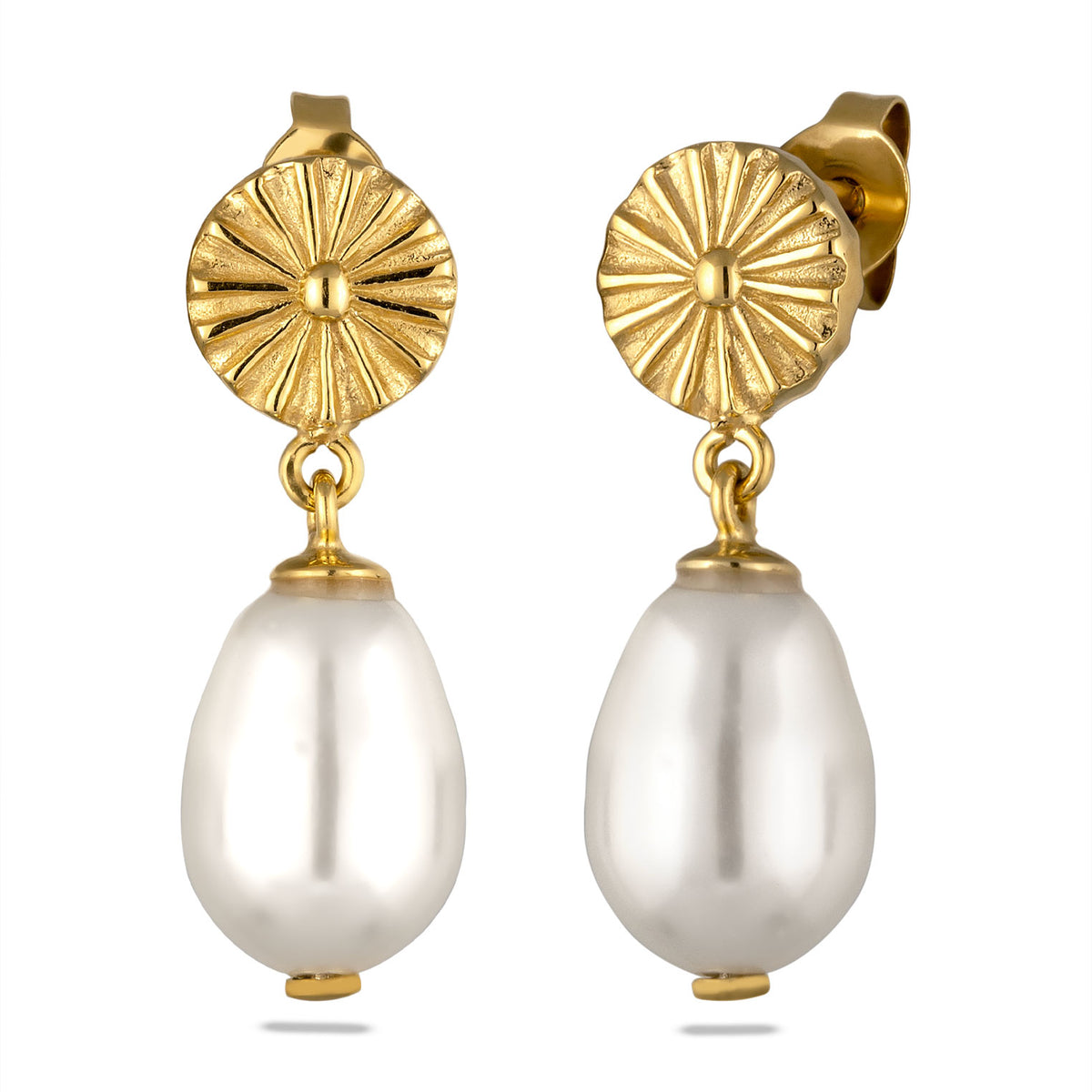 Gold - Elli | Ohrstecker Sonne | Synthetische Perle (Weiß) | 925 Sterling Silber vergoldet