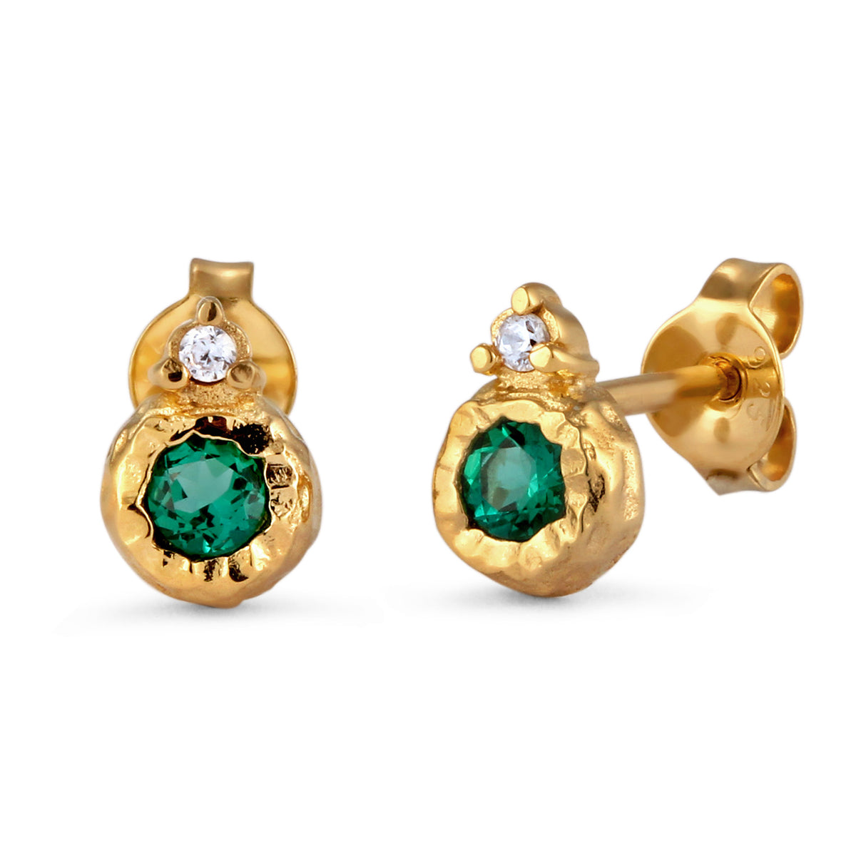 Gold - Elli PREMIUM | Ohrstecker Organic | Synthetischer Smaragd & Zirkonia (Grün & Weiß) | 925 Sterling Silber vergoldet