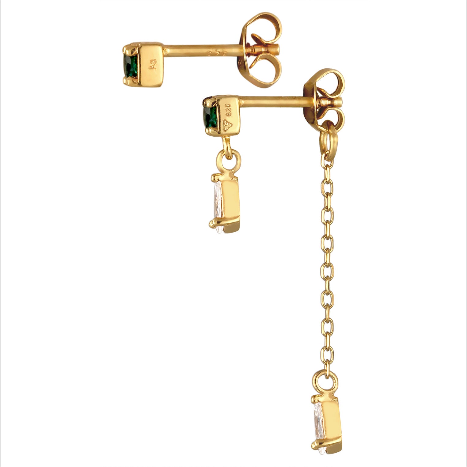 Gold - Elli PREMIUM | Ohrstecker Chain Quadrat | Synth. Smaragd (Grün) & Zirkonia (Weiß) | 925 Sterling Silber vergoldet