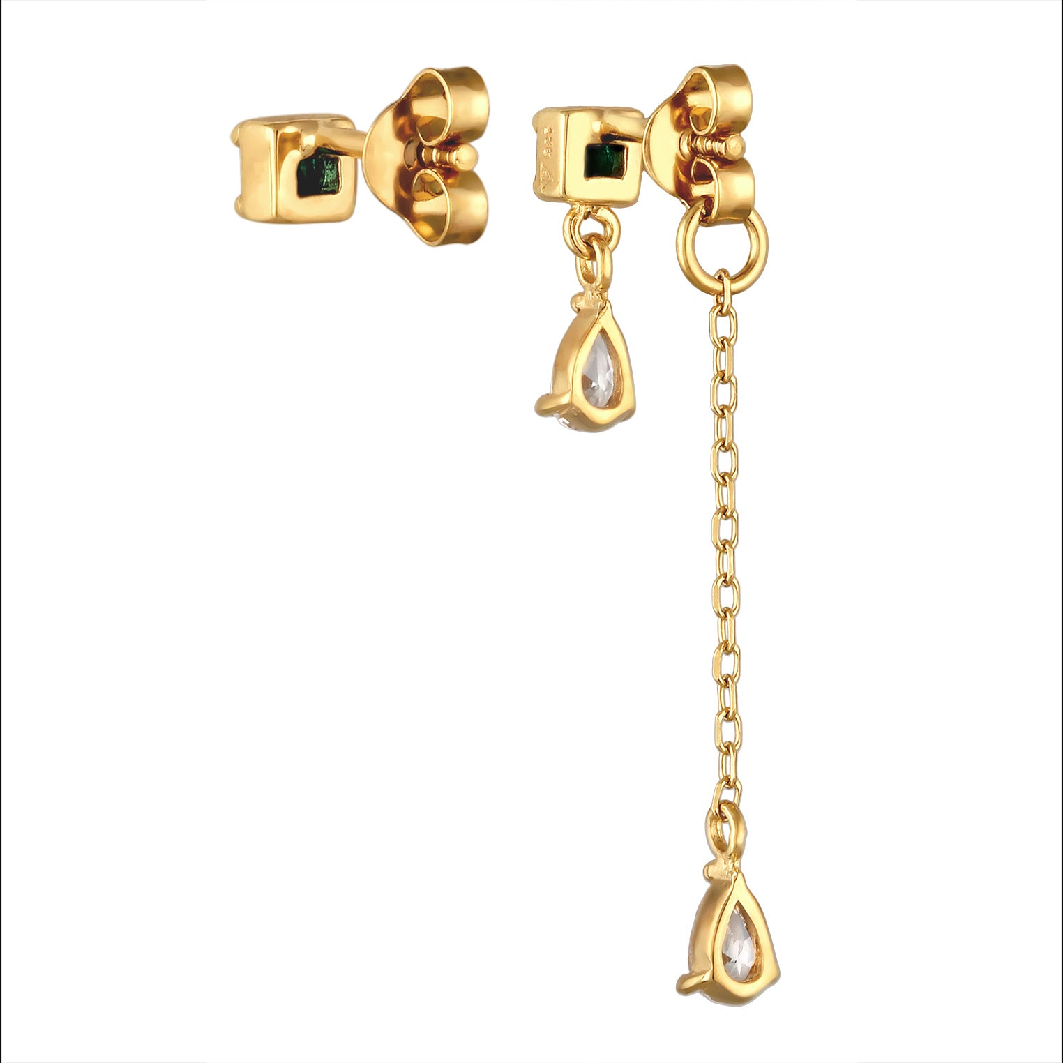 Gold - Elli PREMIUM | Ohrstecker Chain Quadrat | Synth. Smaragd (Grün) & Zirkonia (Weiß) | 925 Sterling Silber vergoldet