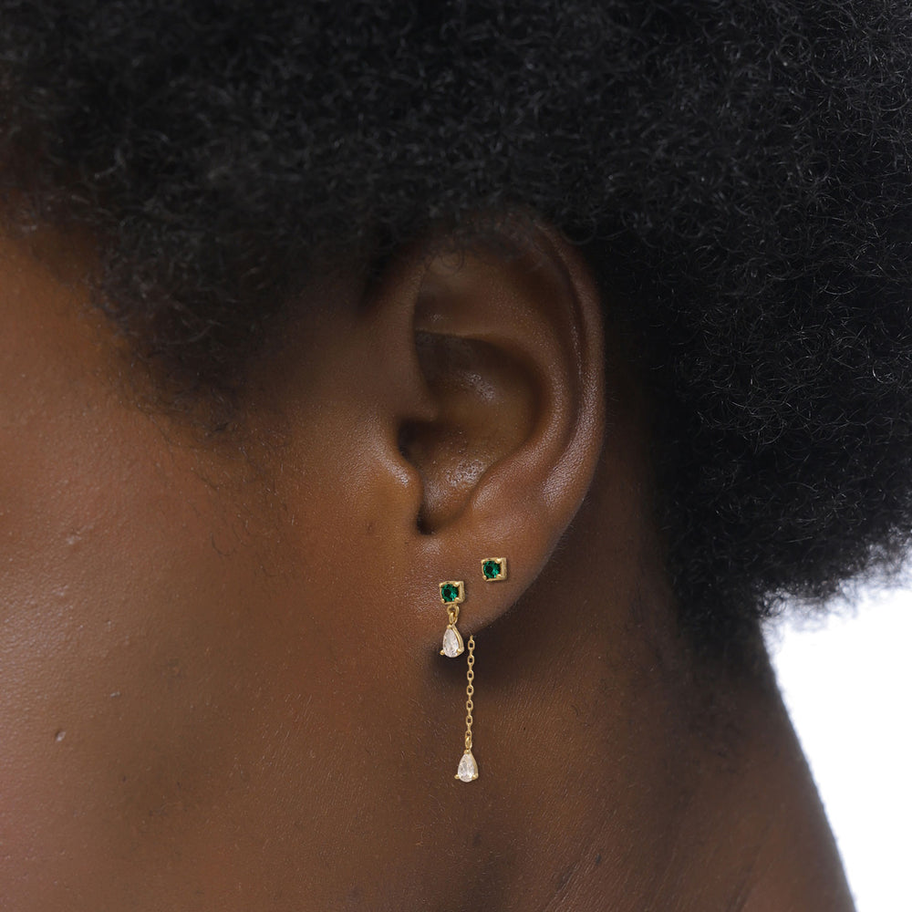 Ohrstecker Chain Quadrat | Synth. Smaragd (Grün) & Zirkonia (Weiß)