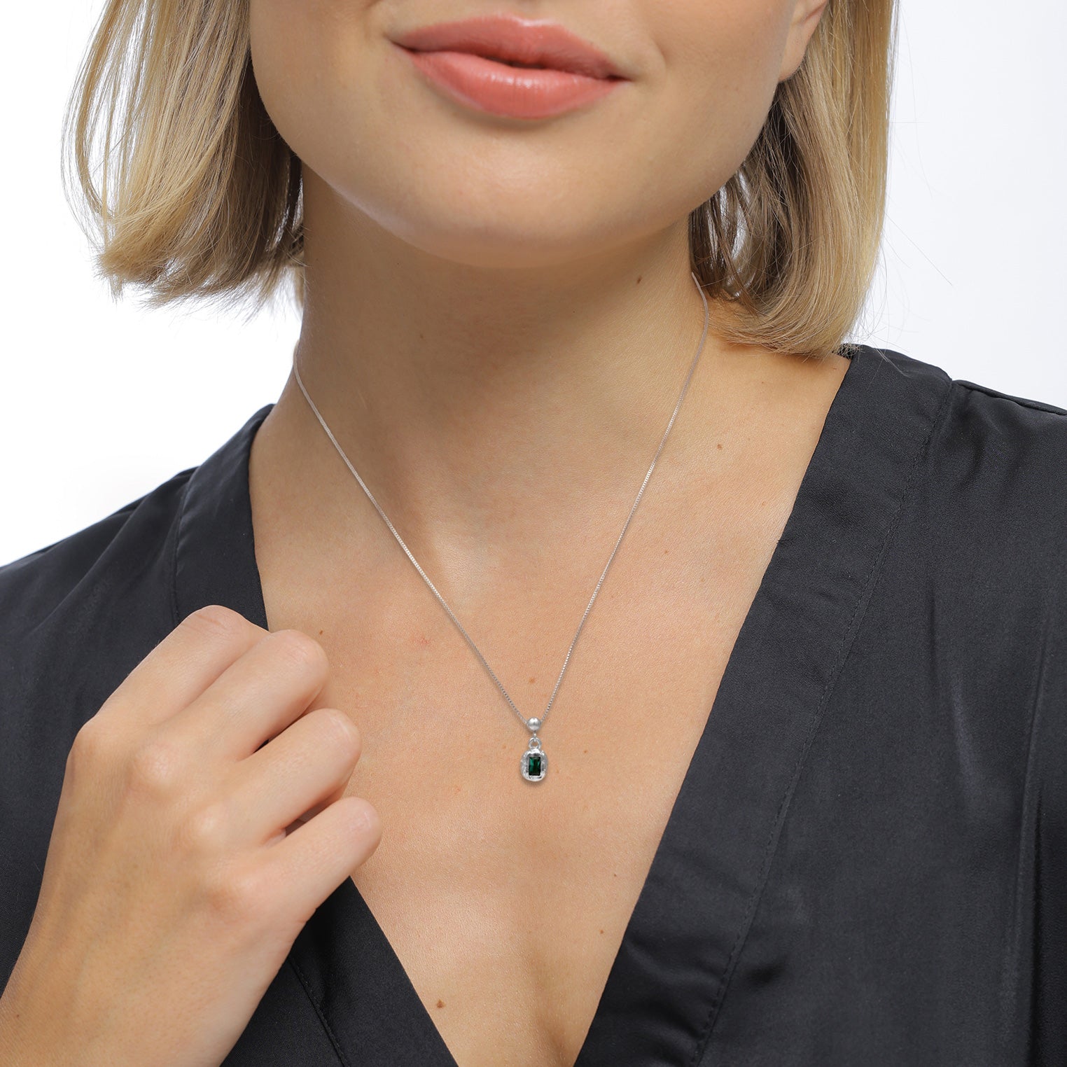Silber - Elli PREMIUM | Halskette Organic | Synthetischer Smaragd (Grün) | 925 Sterling Silber