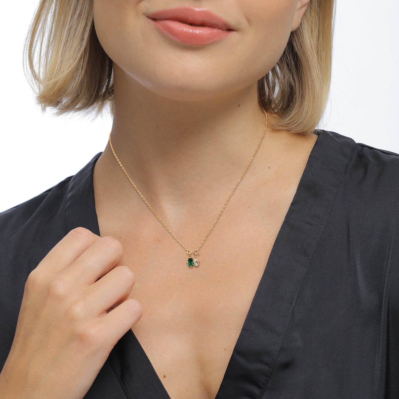 Gold - Elli PREMIUM | Halskette Tropfen | Synthetischer Smaragd (Grün) & Zirkonia (Weiß) | 925 Sterling Silber vergoldet