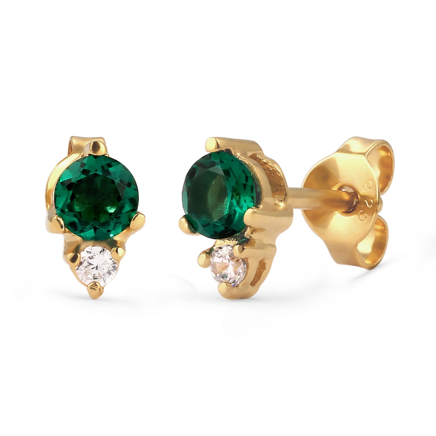 Gold - Elli PREMIUM | Ohrstecker Rund | Synthetischer Smaragd (Grün) & Zirkonia (Weiß) | 925 Sterling Silber vergoldet
