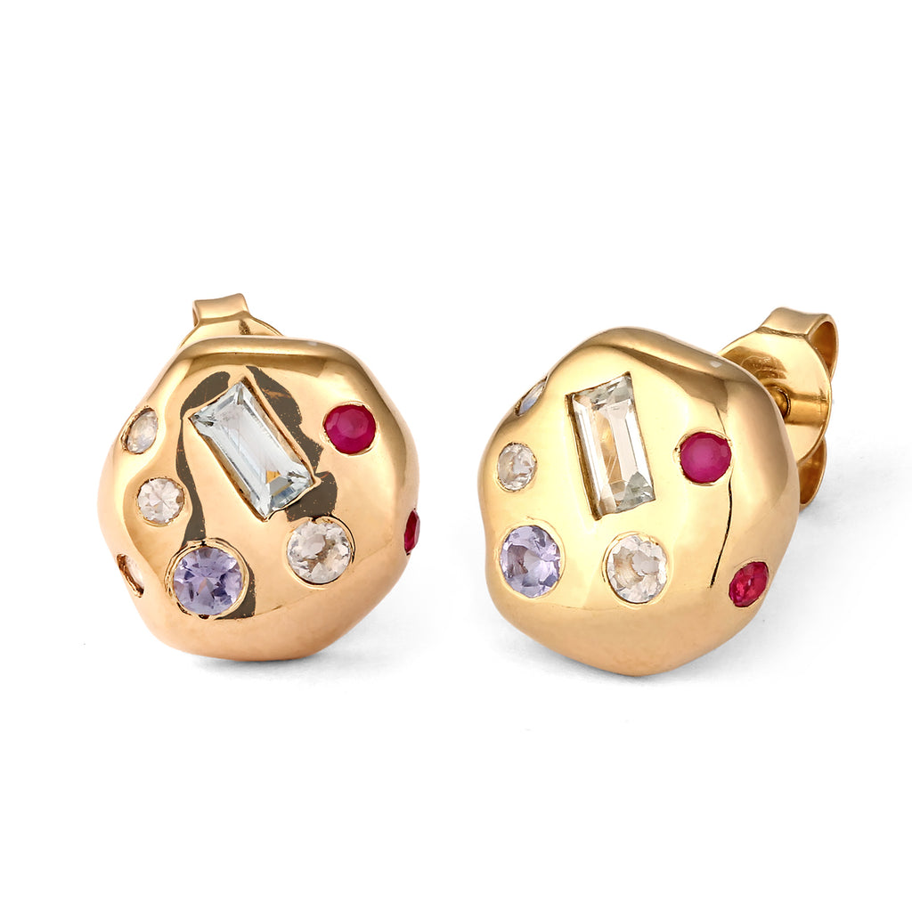 Gold - Elli PREMIUM | Ohrstecker Rund | Topas (Blau) & Saphir (Pink) & Tansanit (Lila) | 925 Sterling Silber vergoldet