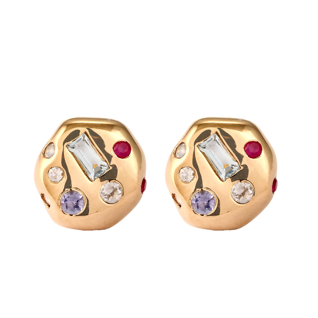 Gold - Elli PREMIUM | Ohrstecker Rund | Topas (Blau) & Saphir (Pink) & Tansanit (Lila) | 925 Sterling Silber vergoldet