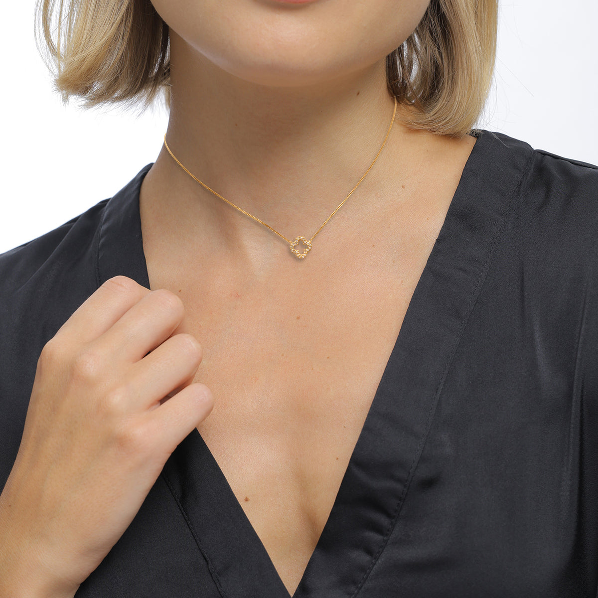 Gold - Elli PREMIUM | Halskette Kleeblatt | Zirkonia (Weiß) | 375 Gelbgold