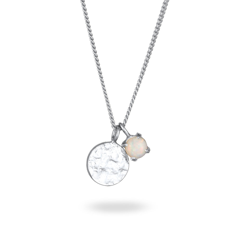 Silber - Elli | Halskette Plättchen | Synthetischer Opal (Weiß) | 925 Sterling Silber