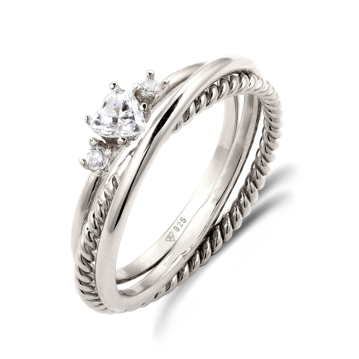 Silber - Elli | Ringset Twisted Herz | Zirkonia (Weiß) | 925 Sterling Silber