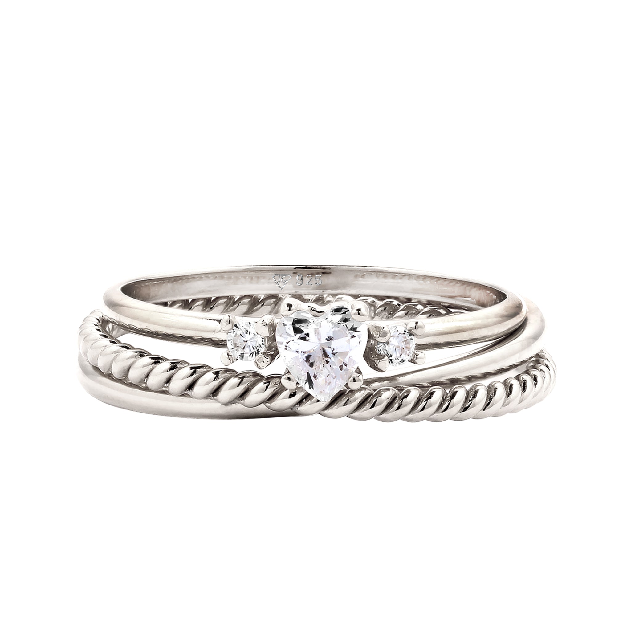 Silber - Elli | Ringset Twisted Herz | Zirkonia (Weiß) | 925 Sterling Silber