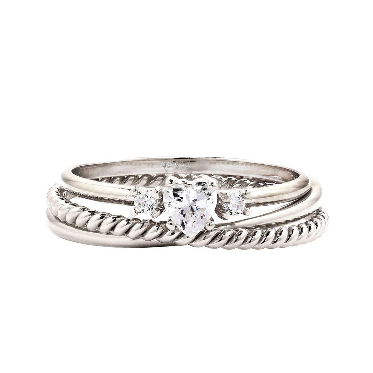 Silber - Elli | Ringset Twisted Herz | Zirkonia (Weiß) | 925 Sterling Silber