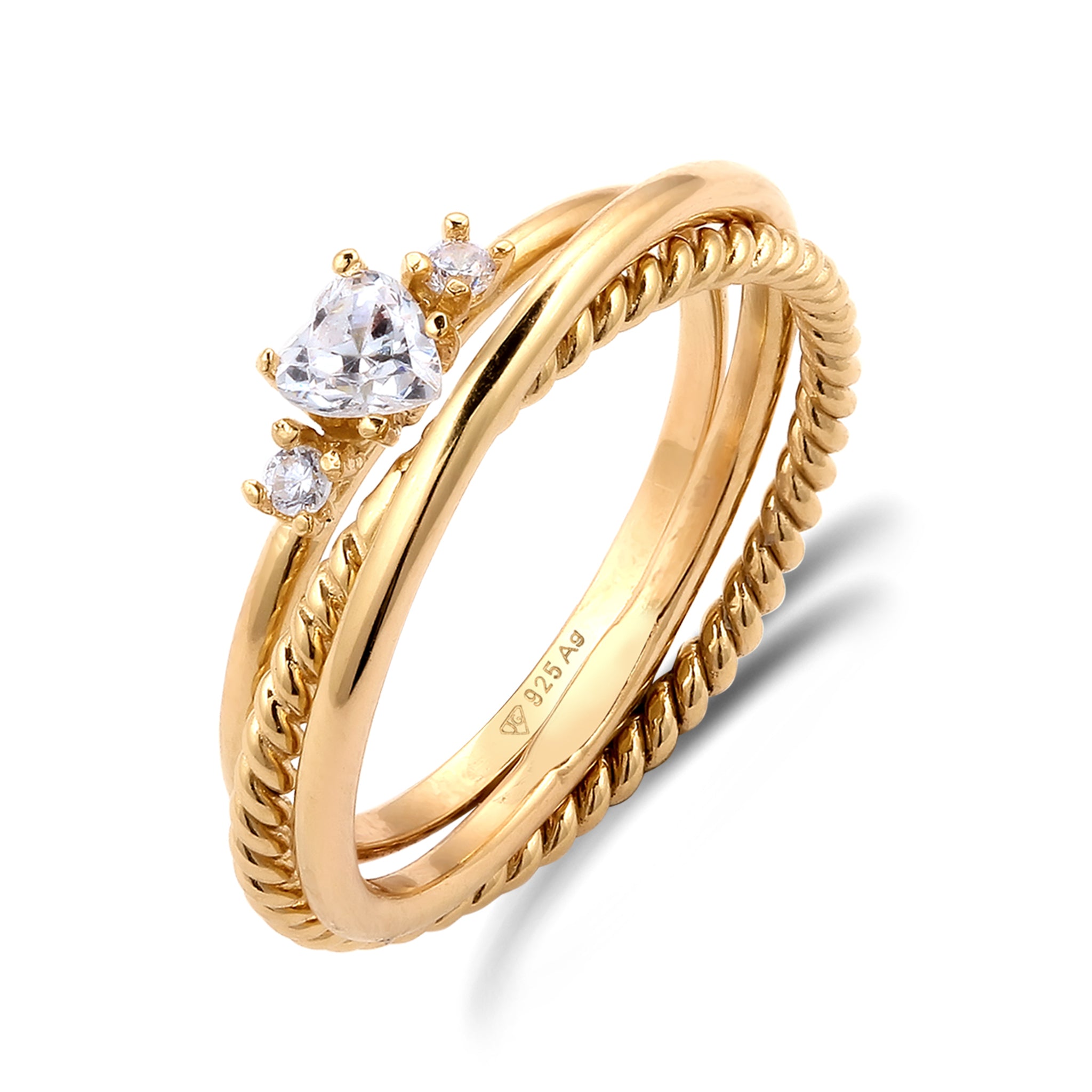 Gold - Elli | Ringset Twisted Herz | Zirkonia (Weiß) | 925 Sterling Silber vergoldet
