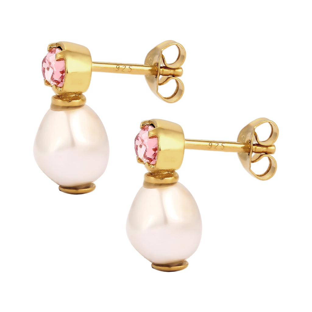 Gold - Elli | Ohrstecker | Mit Kristallen von Swarovski® (Pink) & Synthetische Perle (Weiß) | 925 Sterling Silber vergoldet