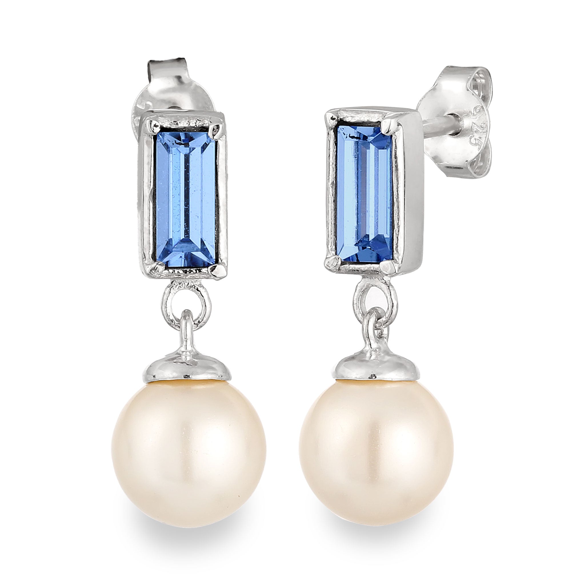 Silber - Elli | Ohrstecker Rechteck | Mit Kristallen von Swarovski® (Blau) & Synthetische Perle | 925 Sterling Silber