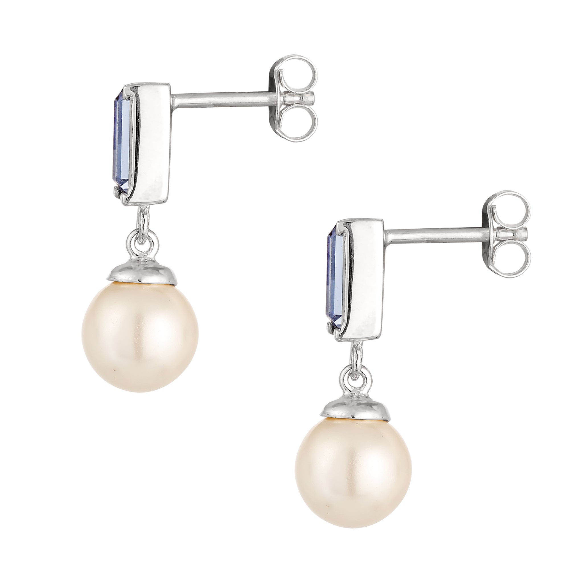 Silber - Elli | Ohrstecker Rechteck | Mit Kristallen von Swarovski® (Blau) & Synthetische Perle | 925 Sterling Silber