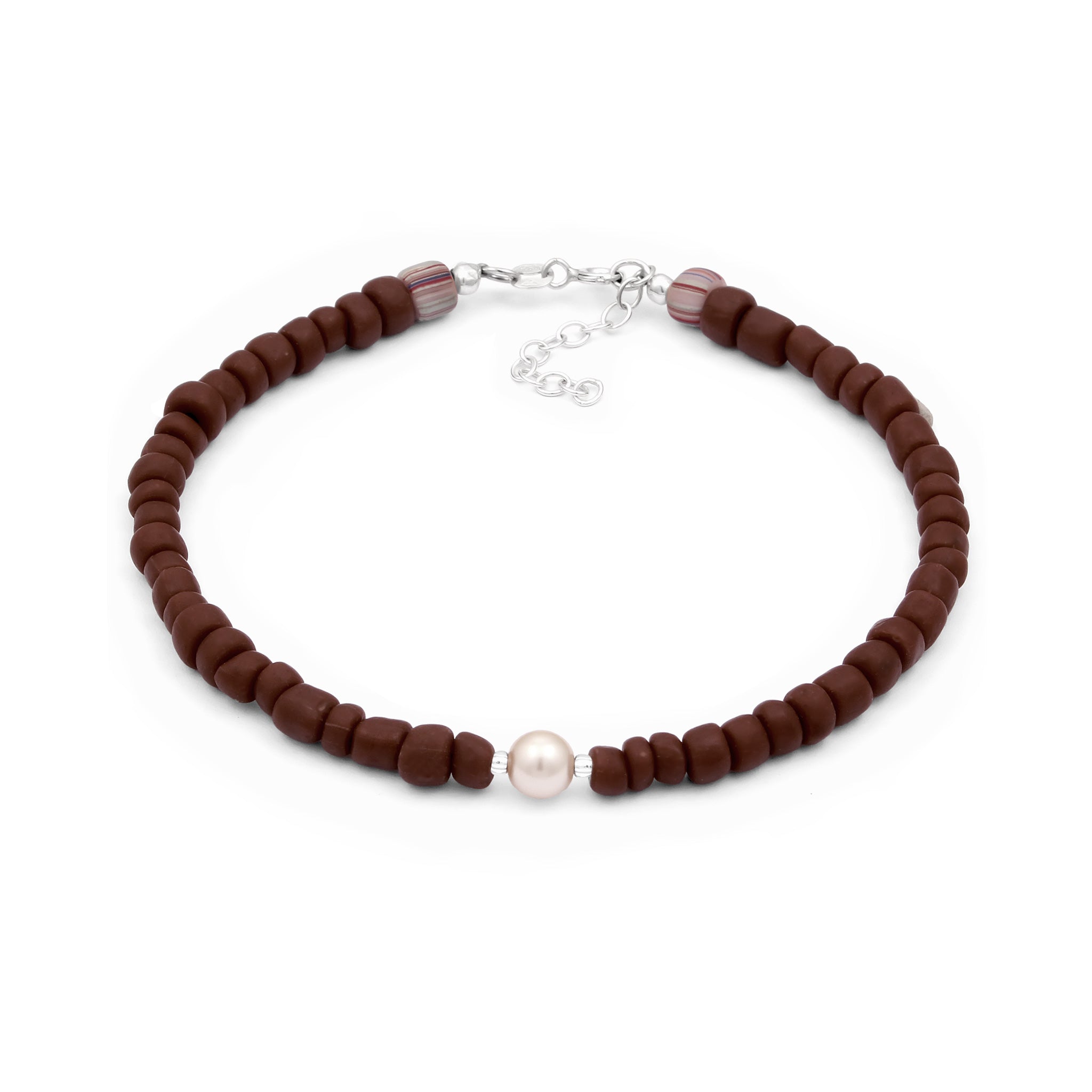 Silber - Elli | Fußkettchen Beads | Glasperlen (Braun) & Synthetische Perle (Weiß) | 925 Sterling Silber