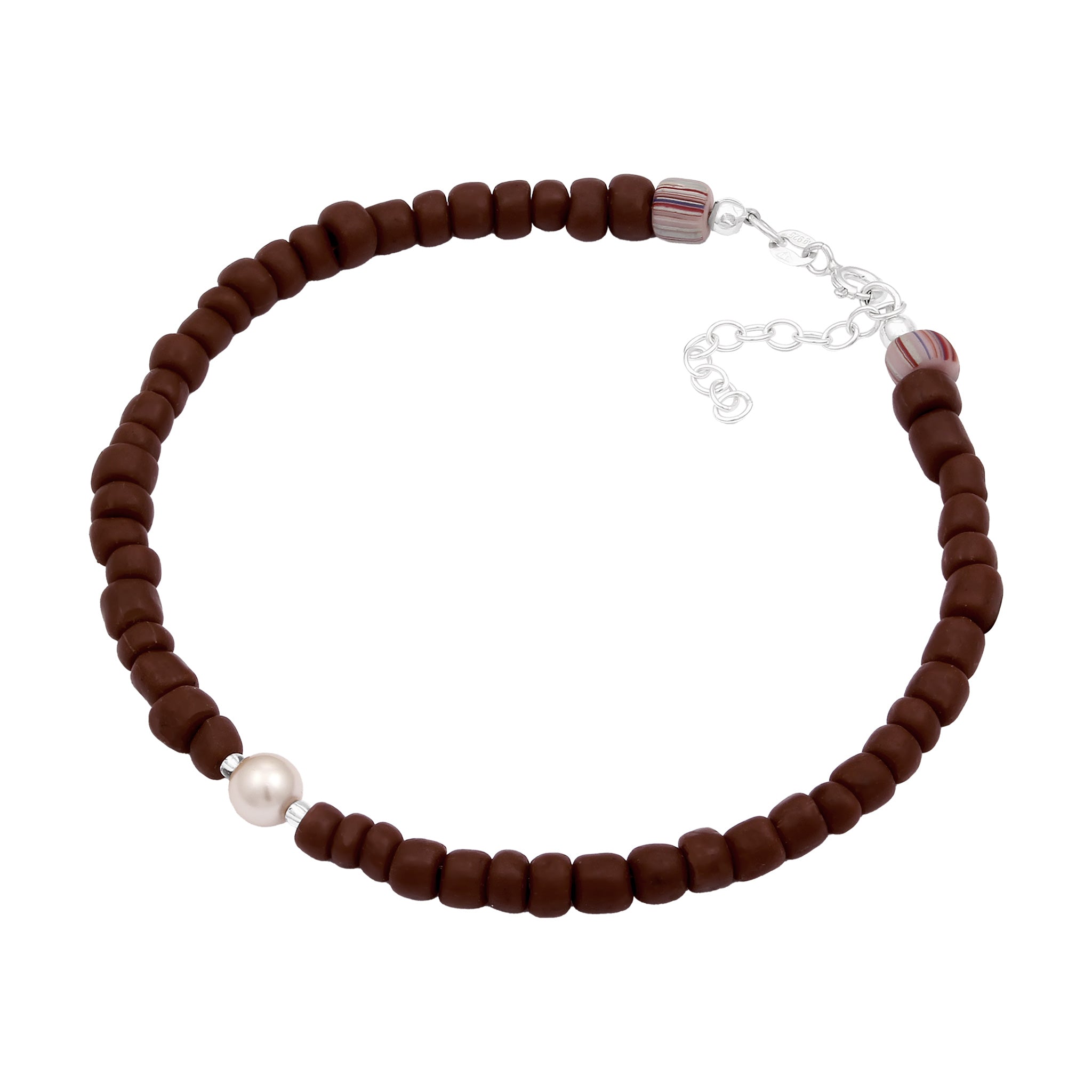 Silber - Elli | Fußkettchen Beads | Glasperlen (Braun) & Synthetische Perle (Weiß) | 925 Sterling Silber