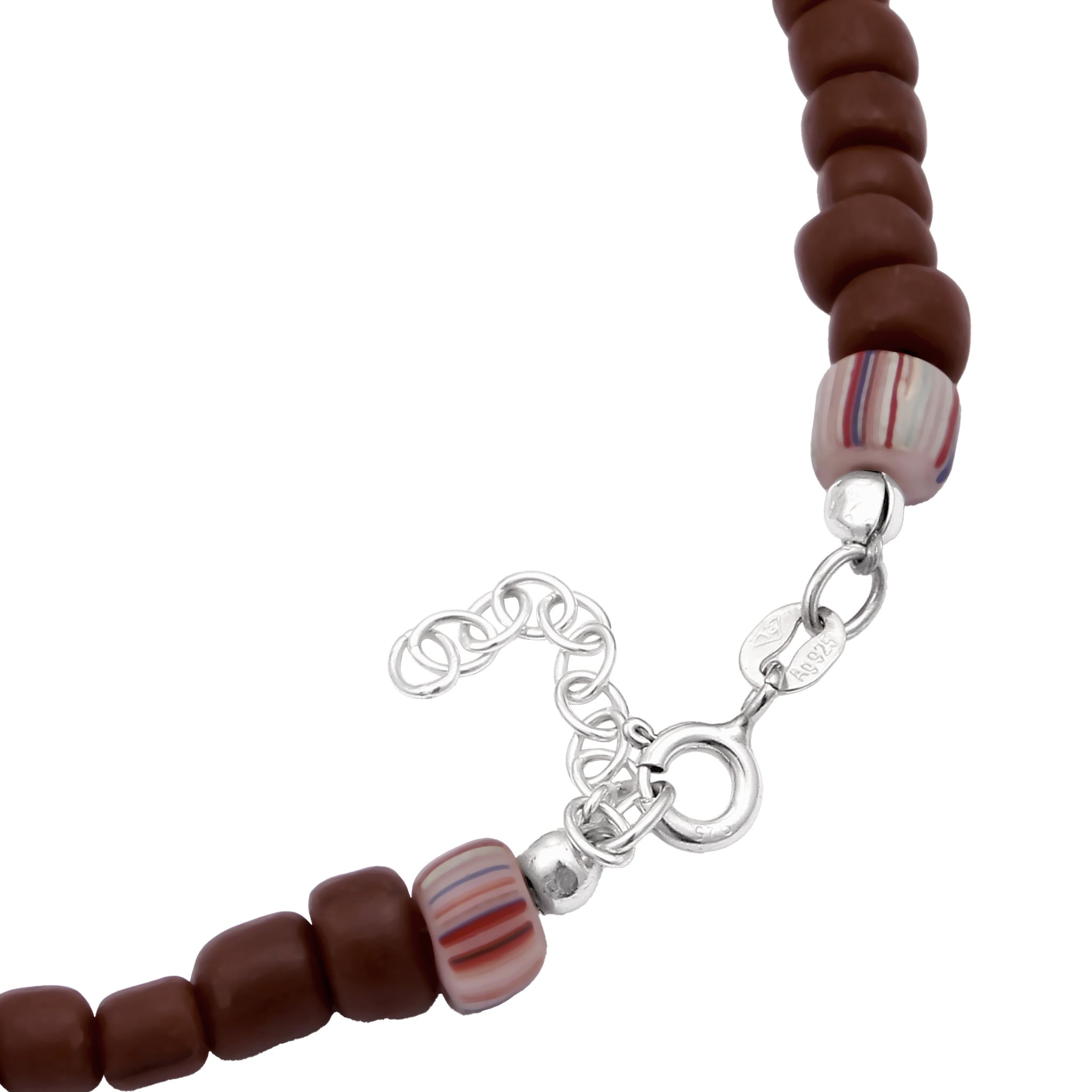 Silber - Elli | Fußkettchen Beads | Glasperlen (Braun) & Synthetische Perle (Weiß) | 925 Sterling Silber
