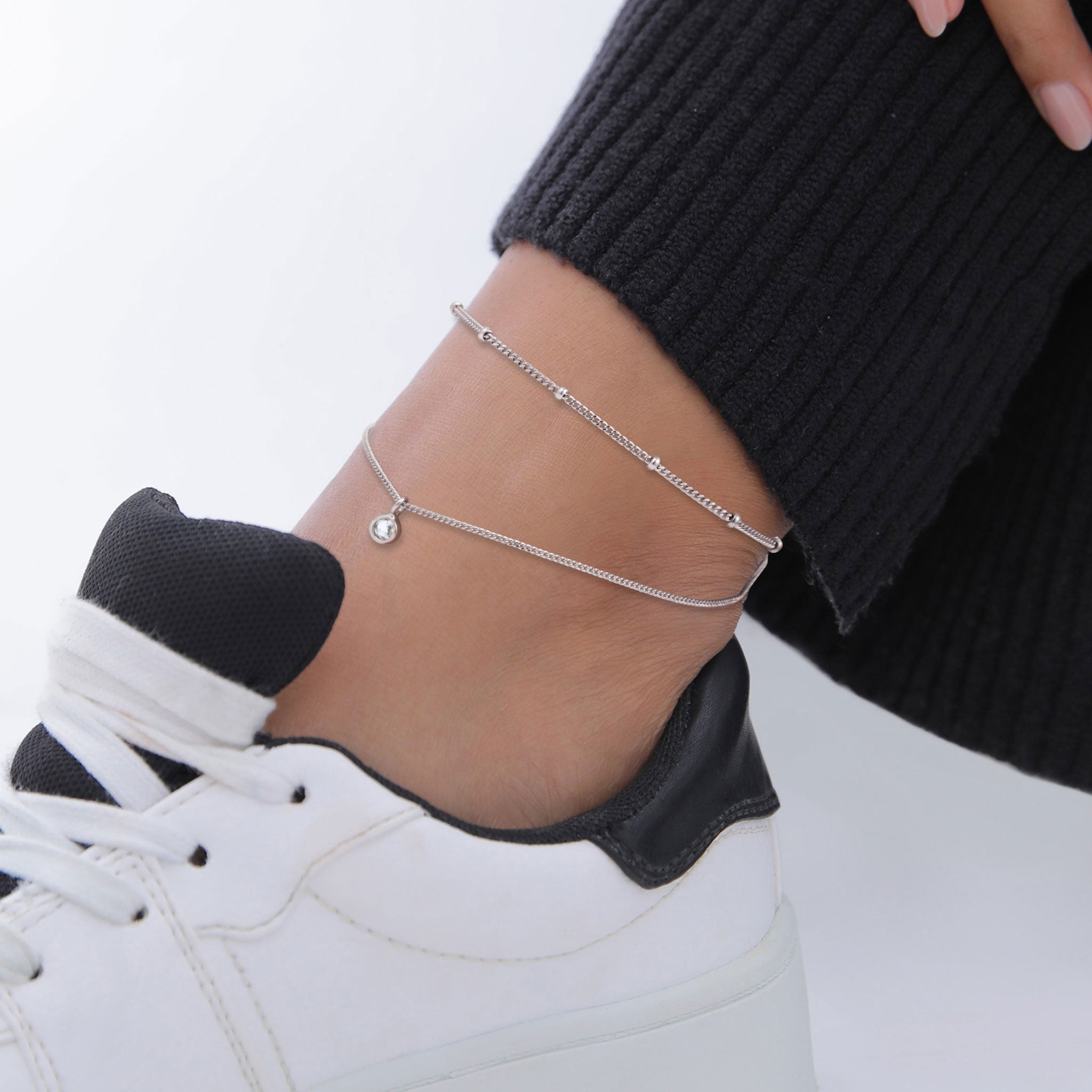 Silber - Elli | Layer-Fußkettchen Kugeln | Mit Kristallen von Swarovski® (Weiß) | 925 Sterling Silber