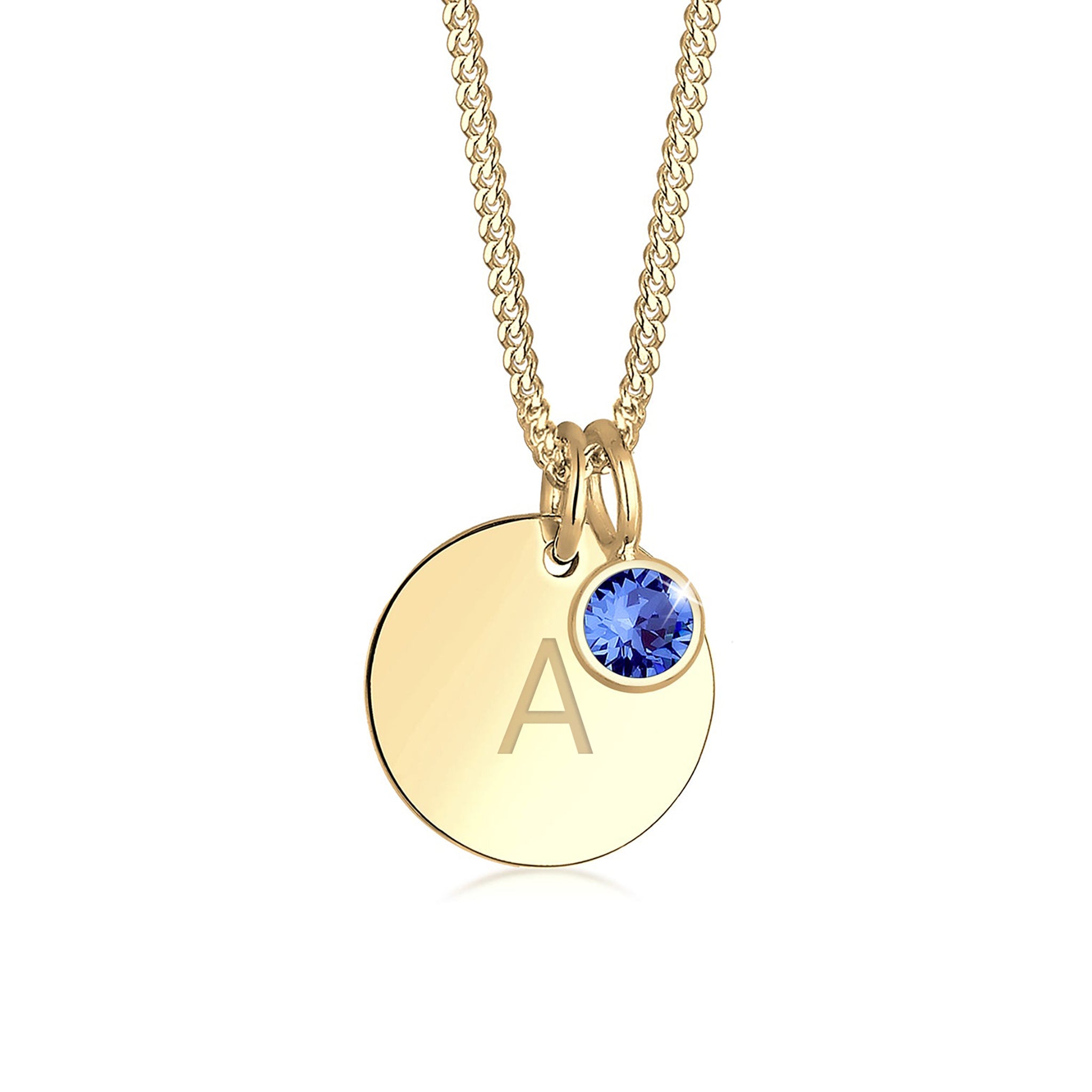 Blau - Elli | Halskette Gravur Platte | Geburtsstein Kristall (Blau) | 925 Sterling Silber vergoldet