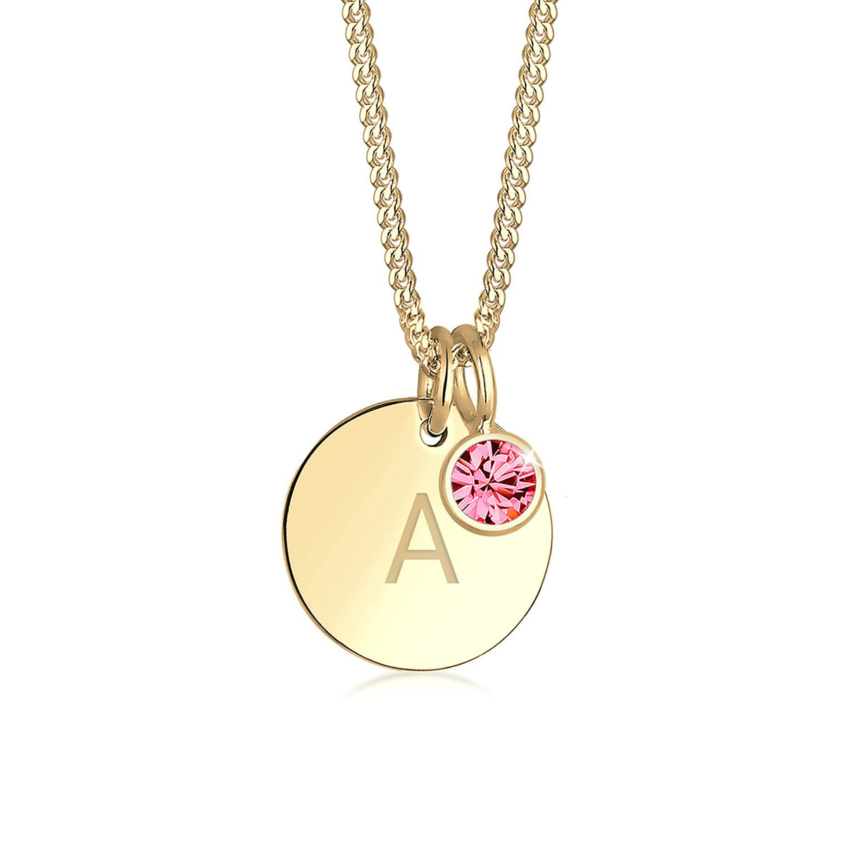 Pink - Elli | Halskette Gravur Platte | Geburtsstein Kristall (Rosa) | 925 Sterling Silber vergoldet